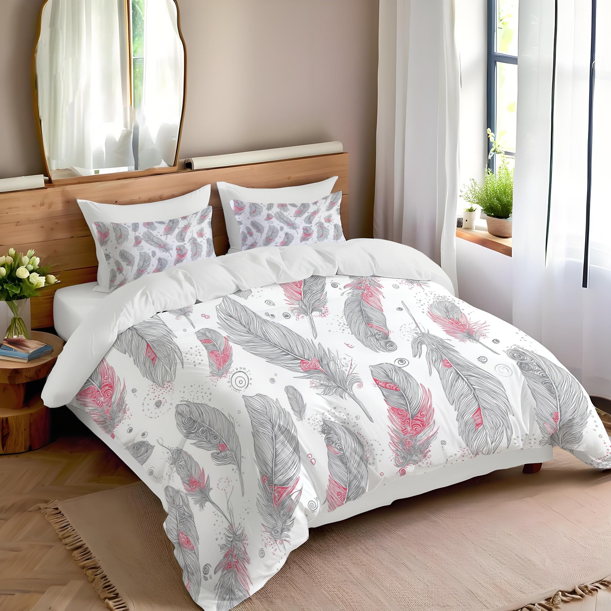 Funda Nordica Cama 105/135 Infantil Microfibra, 3 Piezas Juvenil Plumas Dibujadas A Mano Bohemio Juego de Funda Nordica200x200cm Suave Transpirable y 2 x Fundas de Almohada de 50x75 cm,Gris Rojo