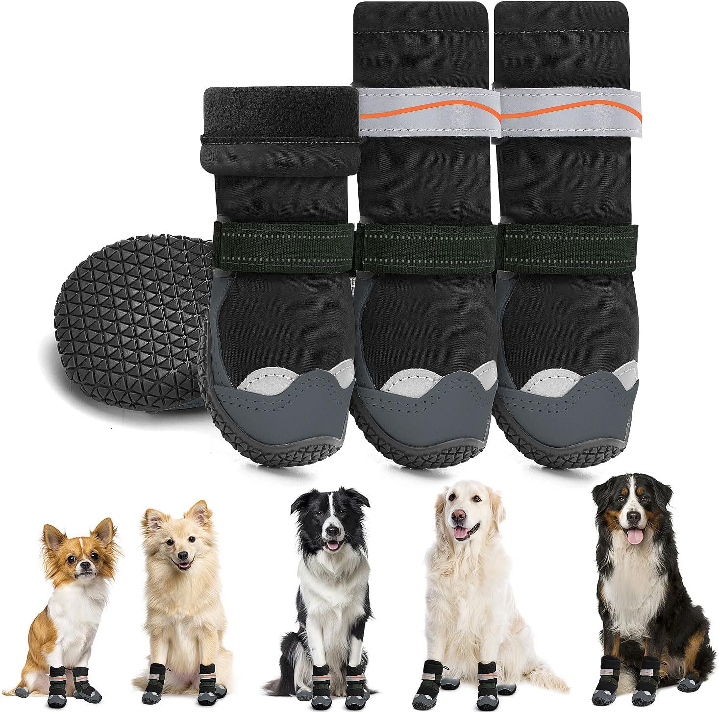 Dog Shoes - Waterproof Fleece Lined Dog Boots for Large Small Medium Dogs, Reflective Booties with Non-Slip Rubber Sole for Rain Winter Cold Weather (Black,Size 7)