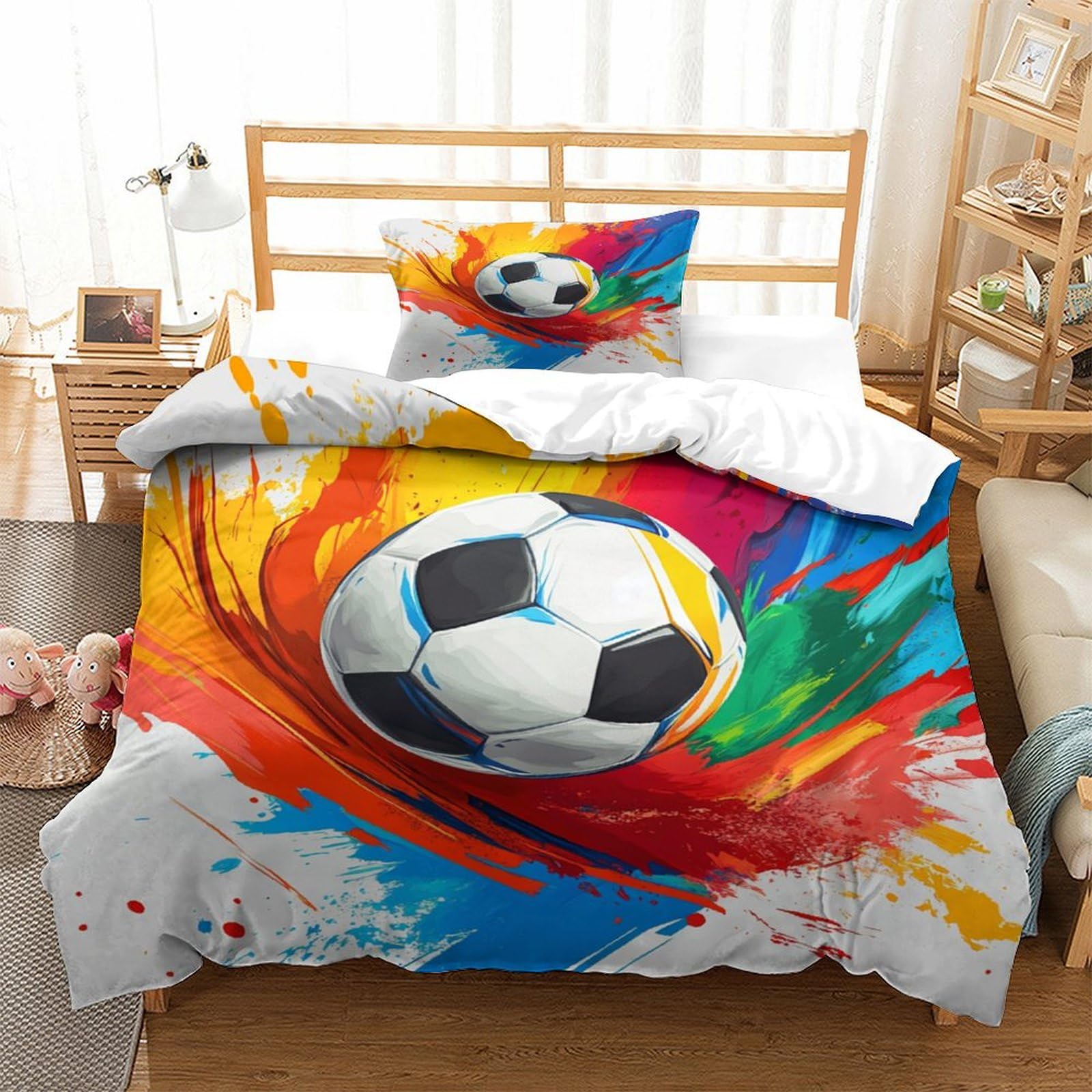 P1s9u7w5y Football Colorful Soccer 3D Printed Microfiber Duvet Cover Set 3Pcs Bedding Set Single（135X200cm）