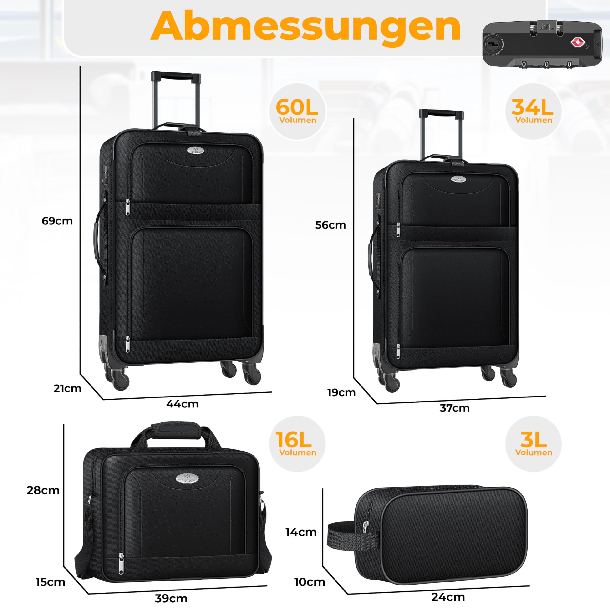 KESSER Set di valigie da viaggio da 4 pezzi | Valigia in tessuto con 3 cifre TSA, ruote a 360° e manico telescopico | Beauty case portatile bagaglio leggero e grande valigia per affari e viaggi, Nero