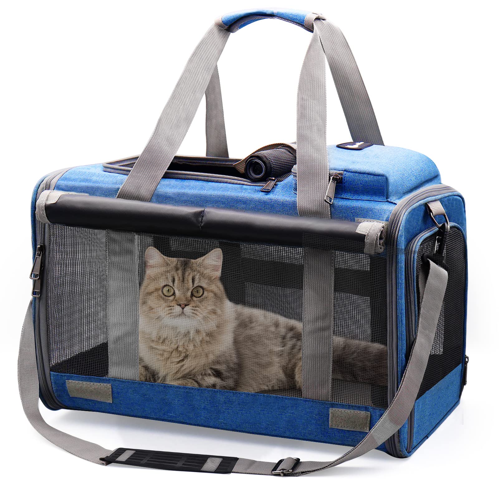 Cat Carrier Large Dog Travel Bag Airline Approved Pet Carrier Foldable, Cat Carrier Bag for Large Small Cat and Small Dog 5-Windows Breathable, Dog Carrier for Travel Blue