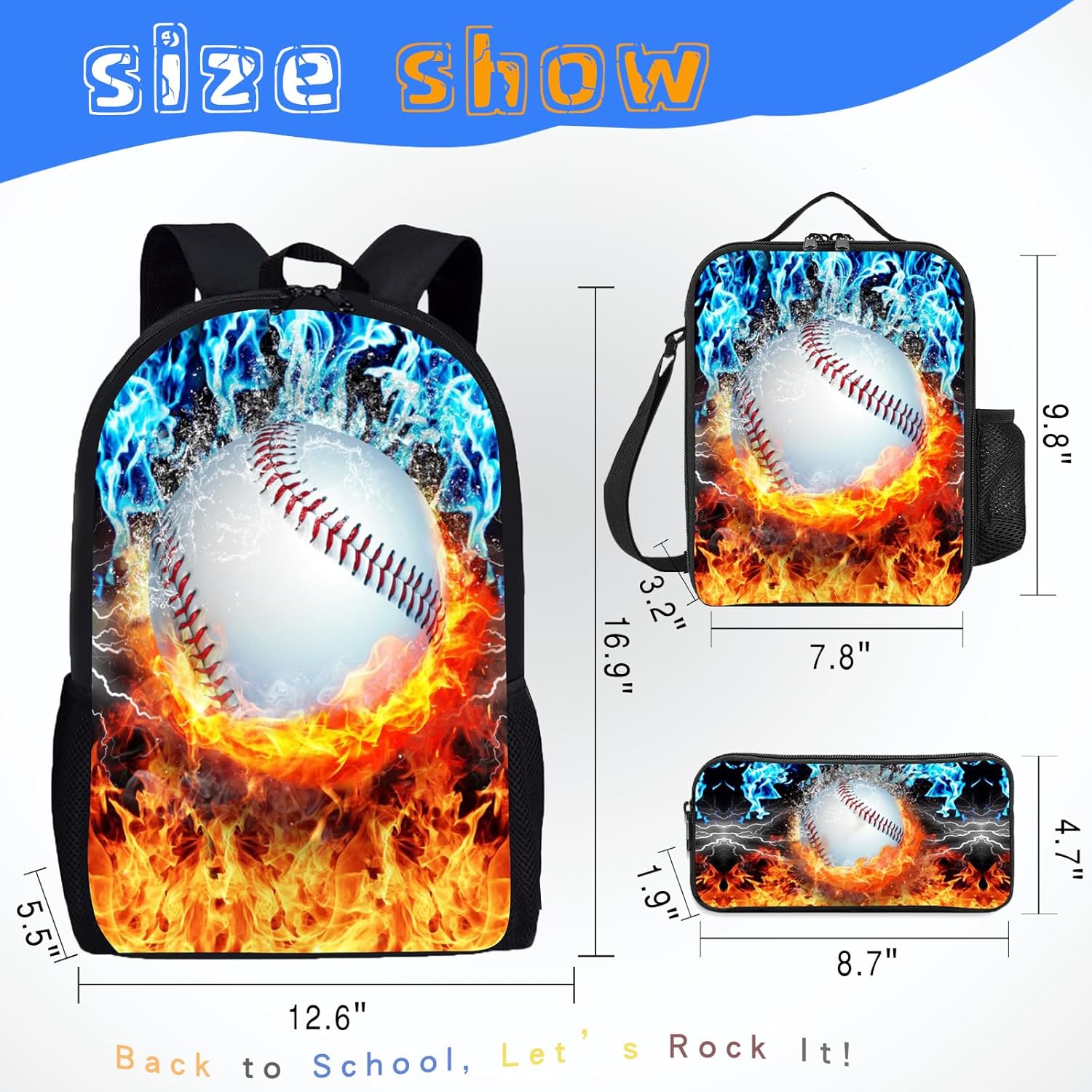 3PCS Baseball Backpack Set for Boys, Lightweight Large Backpack with Lunch Box & Pencil Case, Cool Sport Bookbag for Kids, Back to School Backpacks for Elementary & Middle School - 01 - Image 4
