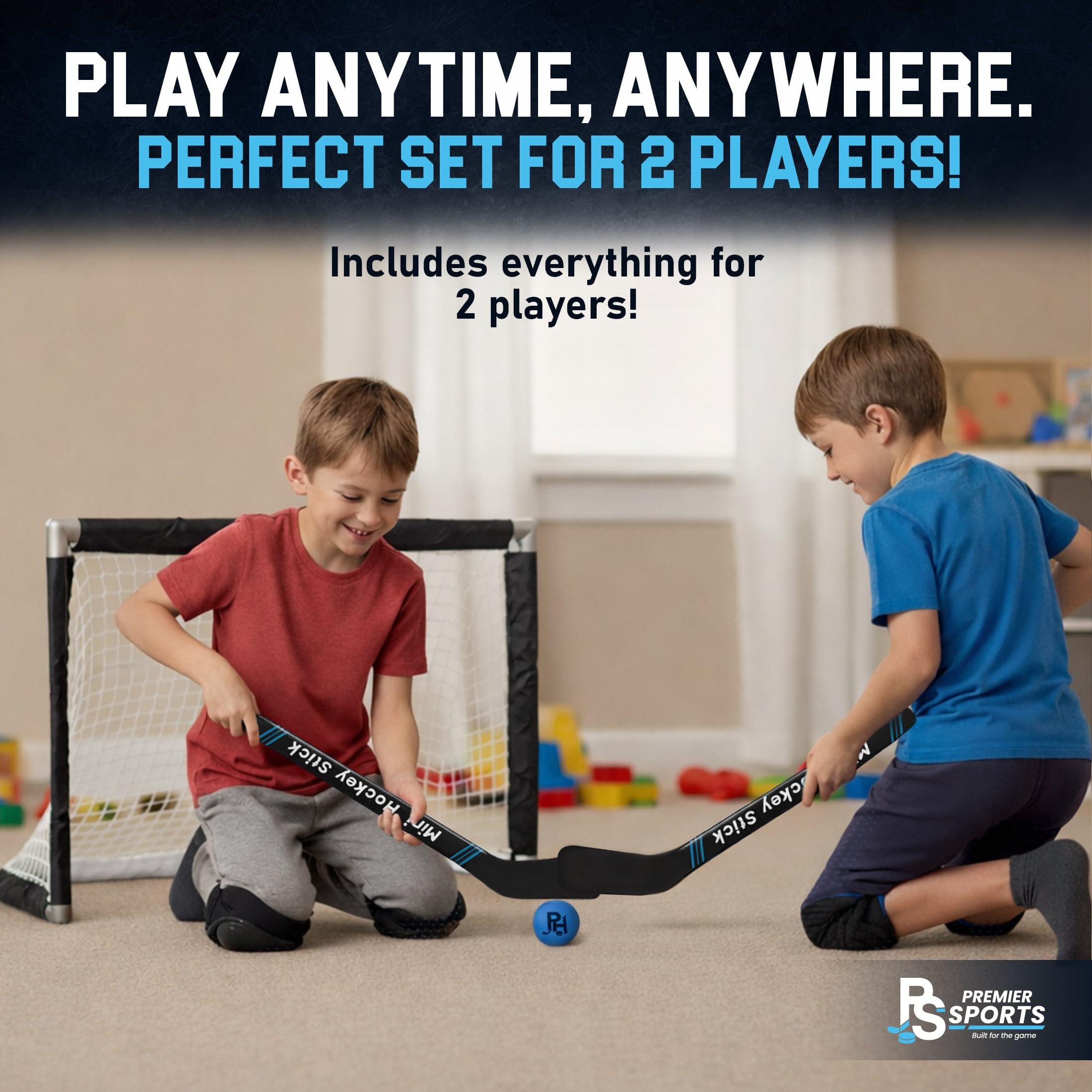Condition photo showing New/Like New for premier sports knee hockey set - complete 2-player indoor kit with (1) mini goal, (2) mini sticks, and (2) foam balls
