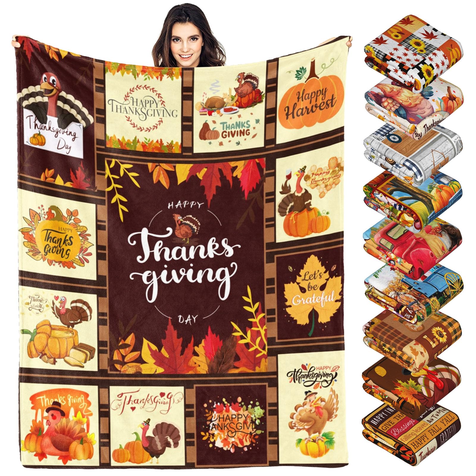 SIMIEEK Thanksgiving Throw Blanket Gifts for Kids Adults Family, Fall Pumpkin Turkey Decorative Blankets Flannel Throws for Bed Couch 50"X60"