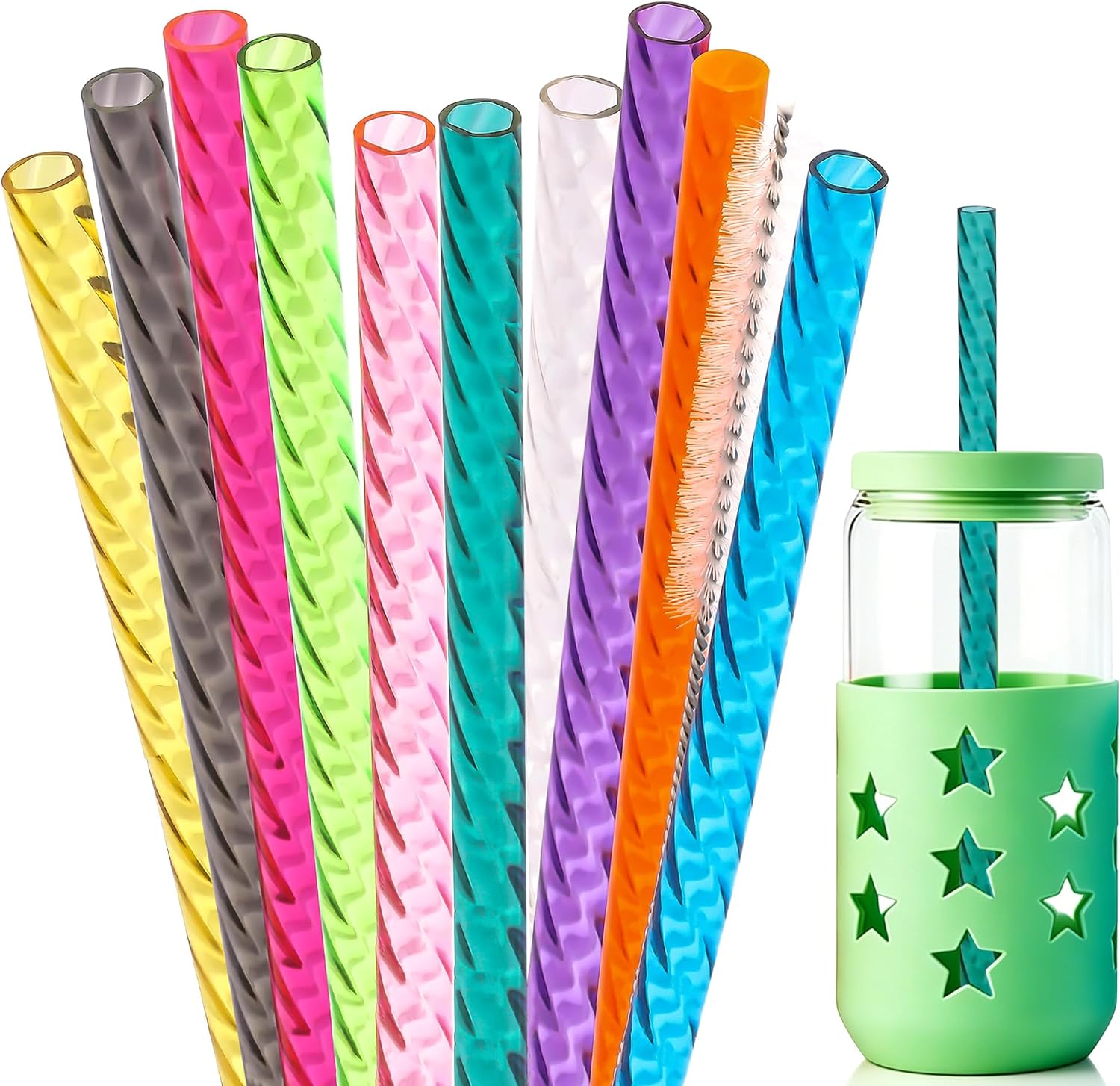 Reusable Swirl Straws 8 Inch,Dakoufish Replacement Plastic Straws Fit 14oz 16oz 20oz Mason Jars Tumblers,10 Pack with 1 Cleaning Brush