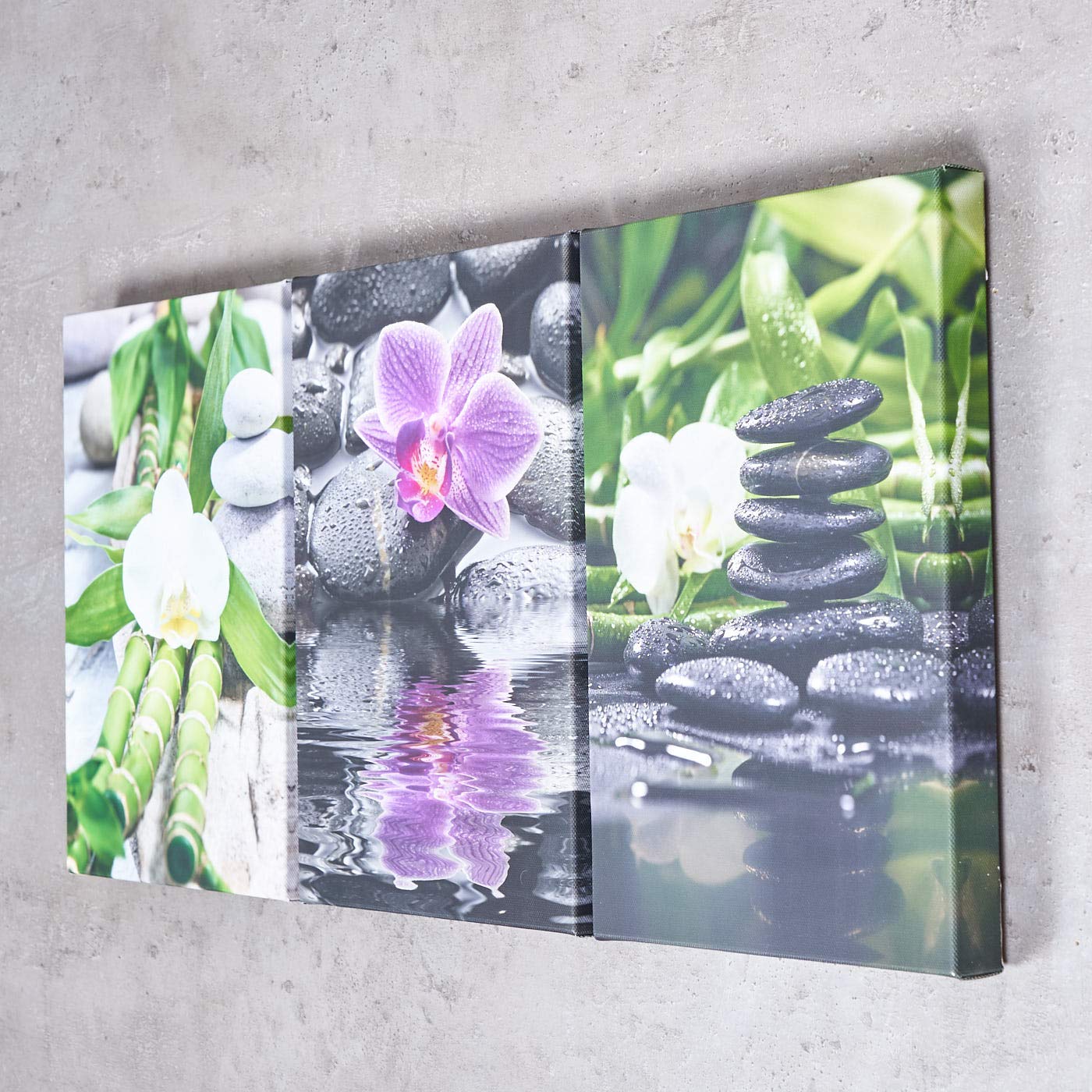 levandeo 3er Set Wandbild je 30x20cm Leinwand Orchideen Bambus Wellness Deko Wanddeko Keilrahmen