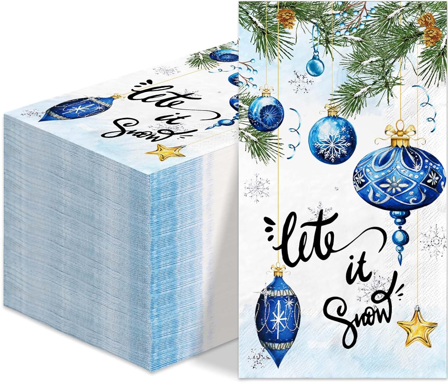 Bolsome 120Pcs Christmas Guest Paper Napkins Xmas Hanging Ball Pine Cone Patterned Disposable Napkins Xmas Decorative Paper Hand Towel Napkins for Home Bathroom Kitchen Luncheon Supplies (Blue)