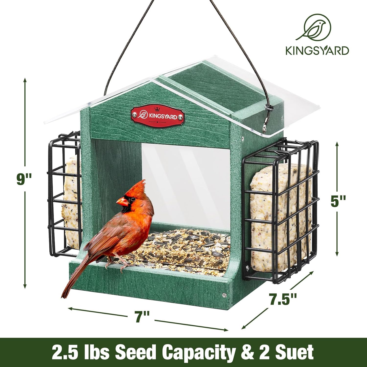 Kingsyard Bird Feeder for Outdoor Hanging - Recycled Plastic Double Suet Cages Wild Bird Feeder with Metal Mesh Tray and Rainproof Roof, 2.5 LBS Large Capacity. Green