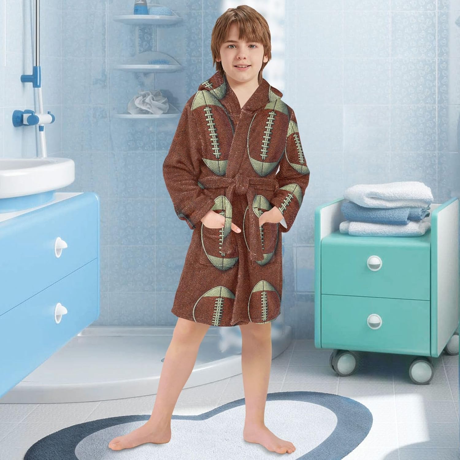 Funny Graphic America Football Bathrobe Hooded PJ Robe Plush Fleece Robe Pajama Sleepwear 2-12 Years
