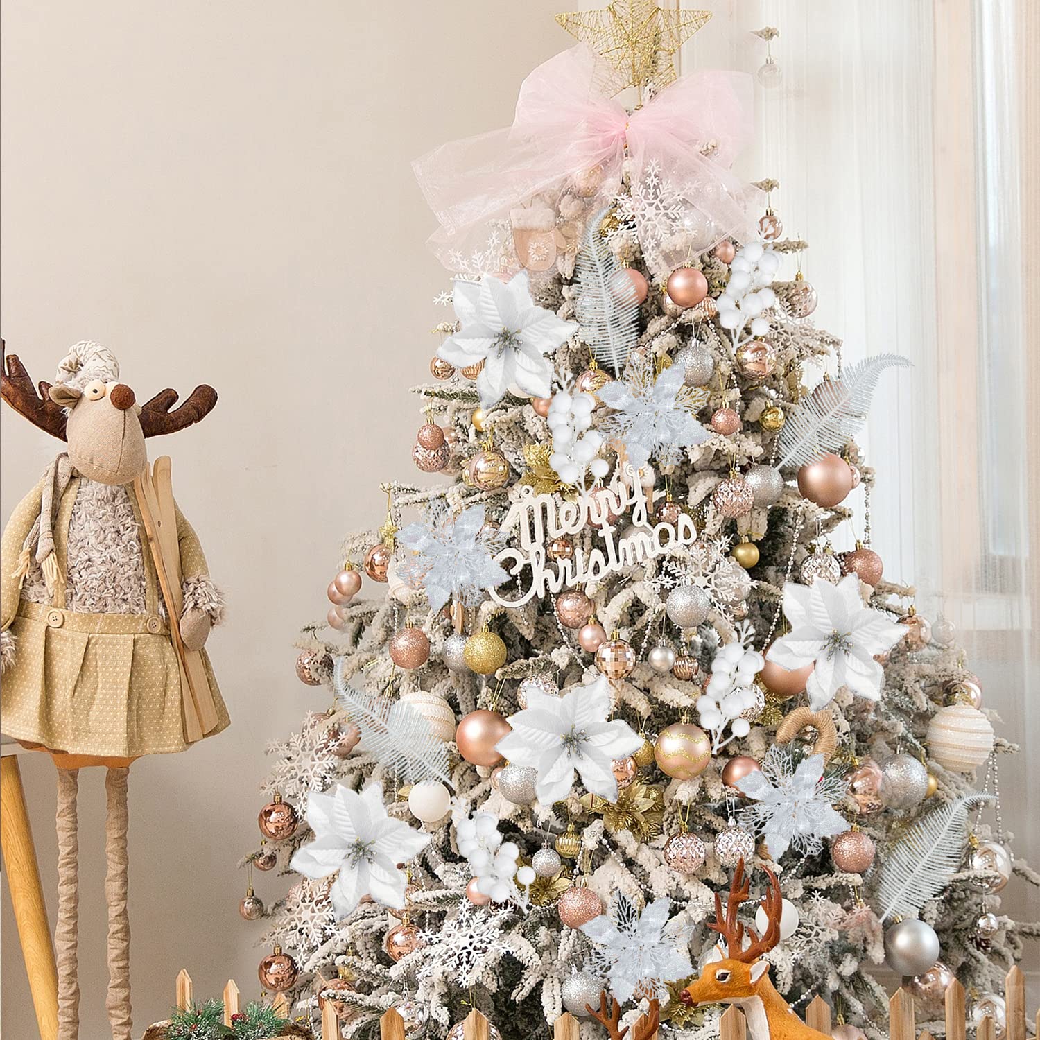 KKSTY Confezione da 16 steli di stelle di Natale glitterate con foglie glitterate con clip, per albero di Natale, decorazioni fai da te, ghirlande, decorazioni invernali, vacanze, casa, feste (bianco