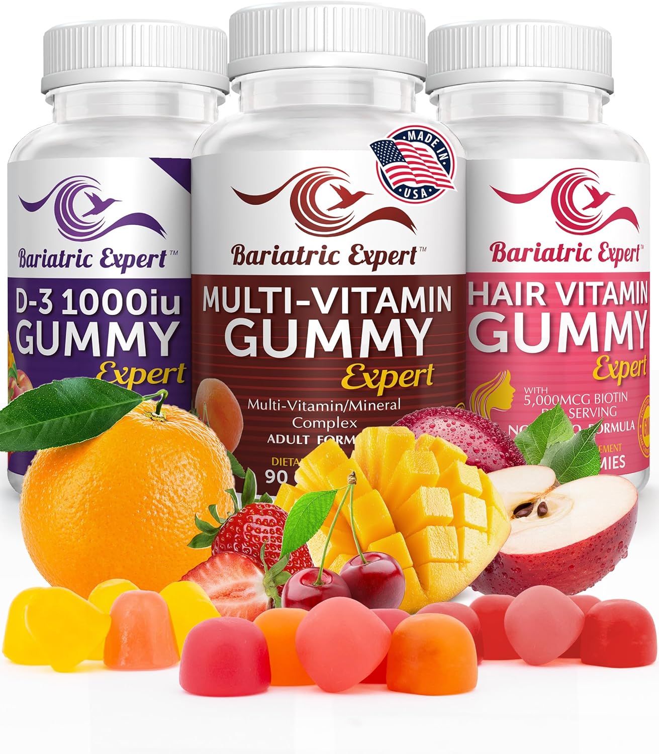 Bariatric Multivitamin 3 Pack, Multivitamin Gummy 90 Chews. - D3 Gummies 90 Chew - Hair Vitamin Gummy 60 Chews.