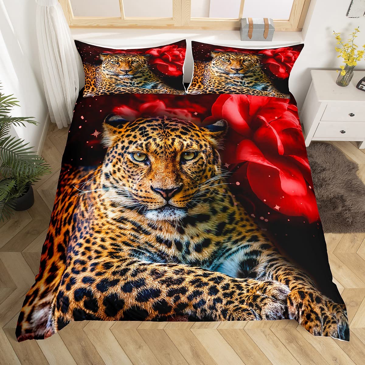 Erosebridal Rose Cheetah Comforter Cover Leopard Print Bedding Set Full,Romantic Red Flowers Duvet Comforter 3D Animal Theme Quilt Cover Modern Floral Bedroom Decor for Kids Boys Girls Women Couples