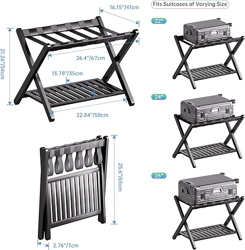 Miniatura 4 de SMIBUY Portaequipajes, juego de 2, soporte plegable de bambú para maleta con estante de almacenamiento para habitación de invitados, dormitorio,