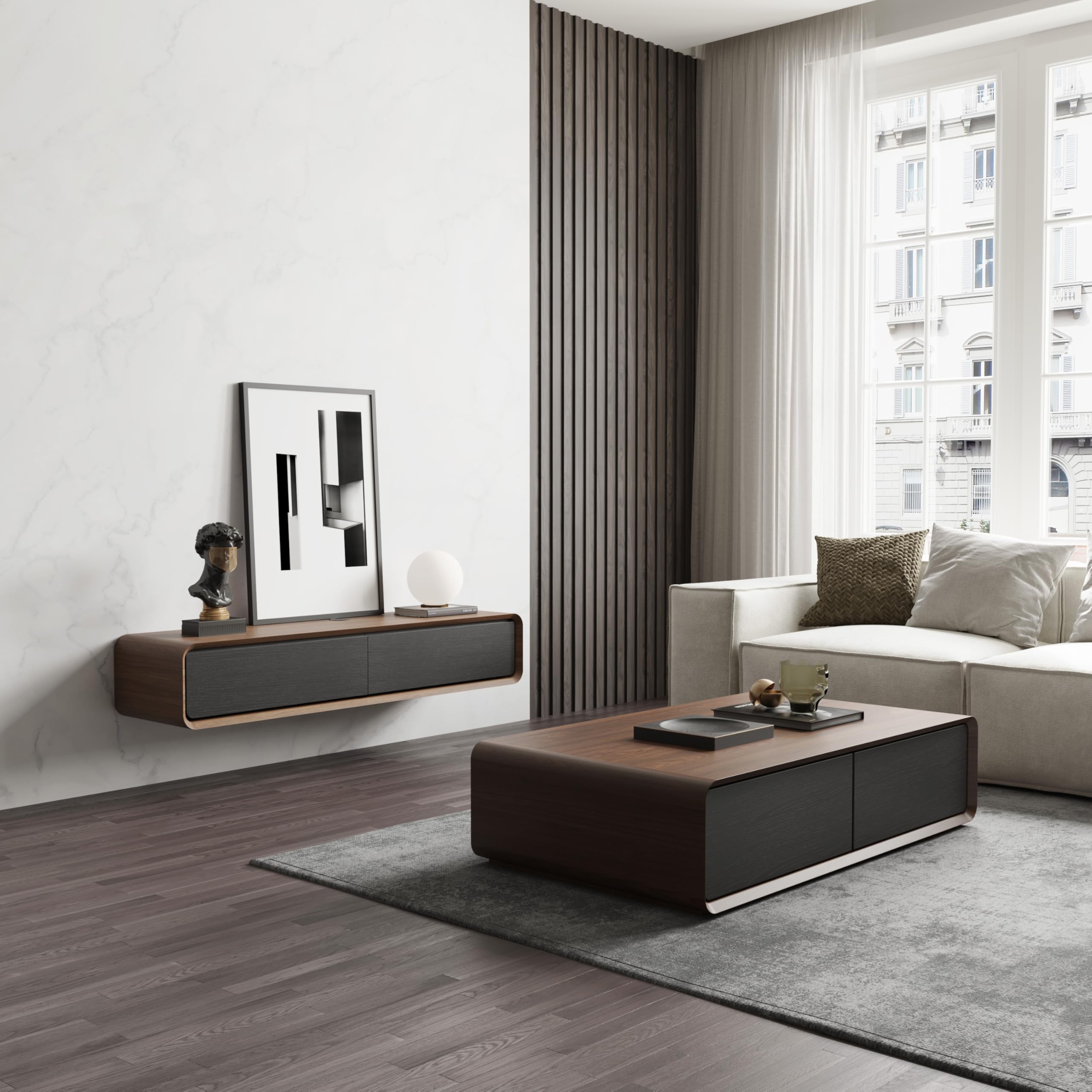POVISON Mueble de TV flotante de 120 cm, moderno color negro y roble de madera maciza con 2 cajones, mueble para TV con gestión de cables, mueble completo con espacio de almacenamiento para salón