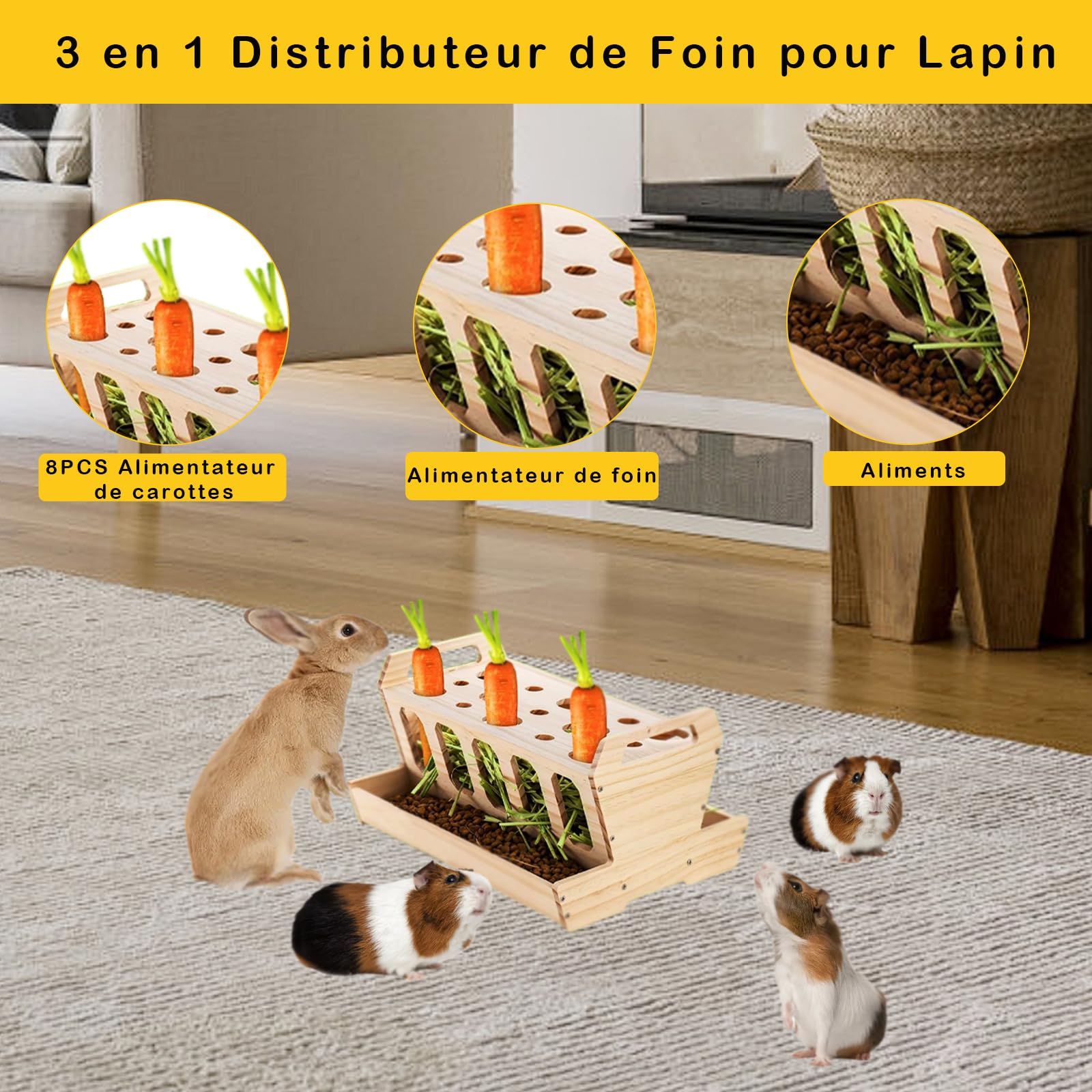 Râtelier à Foin pour Rongeurs, Distributeur en Bois Naturel Non Traité 30x22x18 cm pour Lapins et Cochons d'Inde