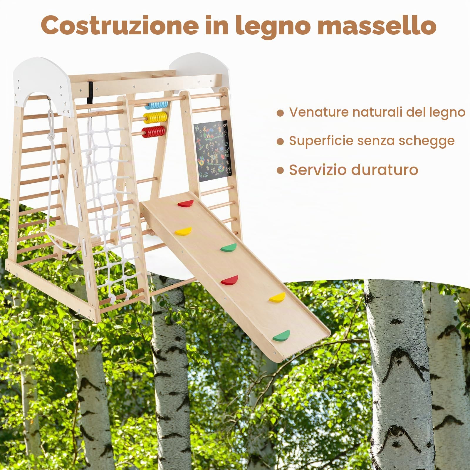 HOMASIS Struttura da Arrampicata in Legno da Interno, 7 in 1 Parco Giochi con Altalena, Scala, Rete da Arrampicata, Barre, Abaco e Lavagna, Palestra per Bambini dai 3+ Anni (Naturale)