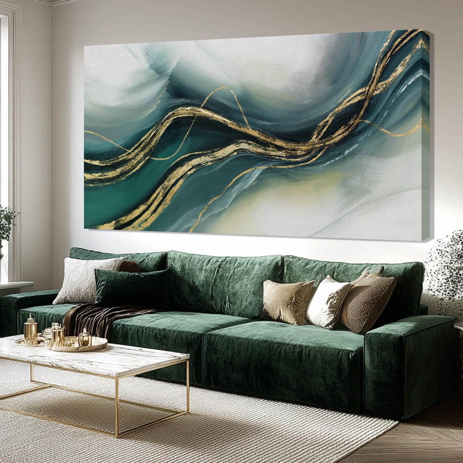 ZENPEE Gold and Green Modern Wall Art Simple Abstract Canvas Prints Wall Hangings Posters for Living Room Office