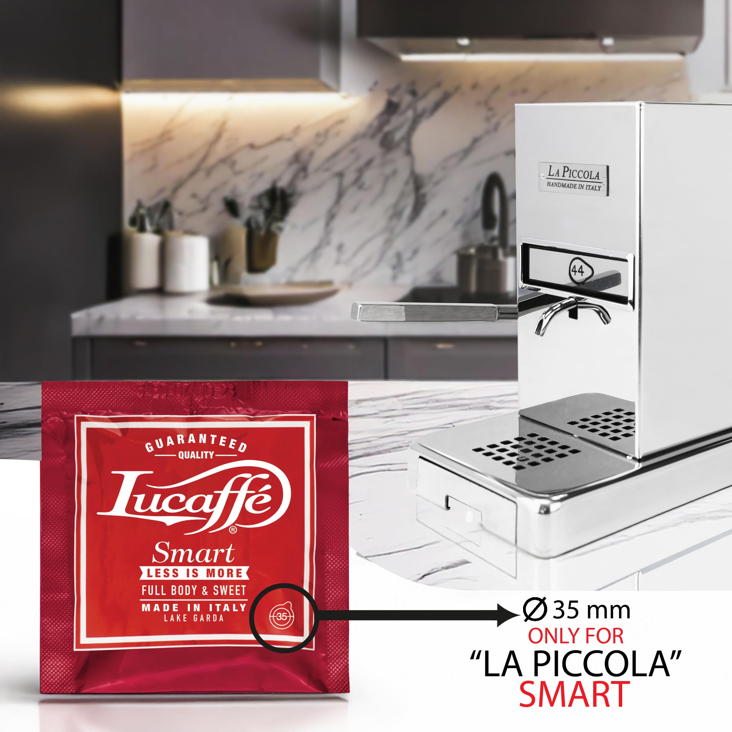 Lucaffè – SMART 100 Kaffeepads Ø 35 mm, Gourmet Rossa | Nur für SMART Maschine für Italienischen Espresso |Mittlere Röstung