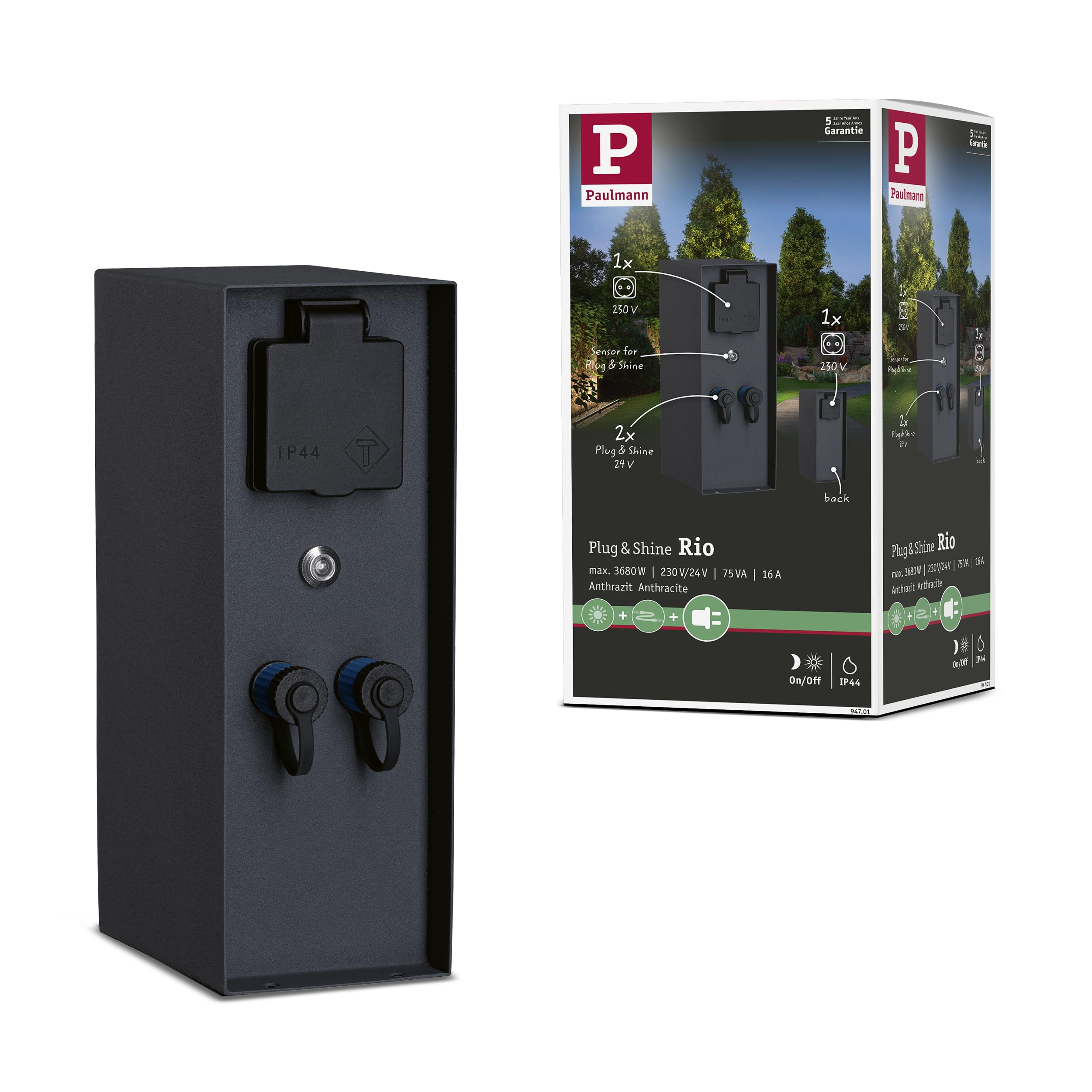 Paulmann 94701 Plug & Shine Outdoor Light Accessories Socket Column Rio with Twilight Sensor IP44 Anthracite Connections 2X 230V 2X Plug & Shine 24V