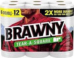 Brawny Tear-A-Square Paper Towels, 6 Double Rolls = 12 Regular Rolls, 3 Sheet Sizes (Quarter, Half, Full), Strength for...