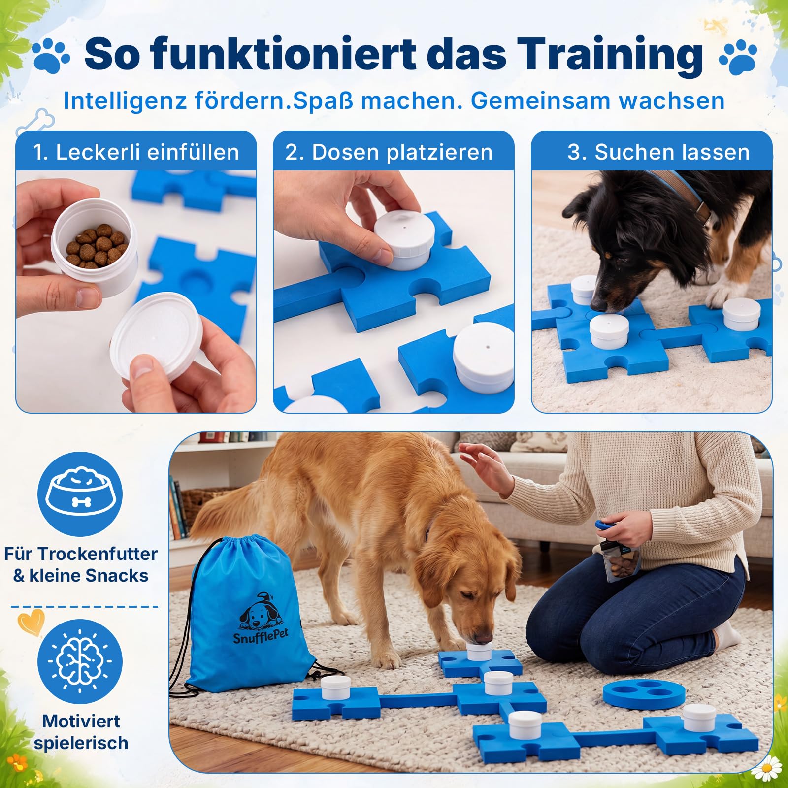 Jadive Kit d'Entraînement Détection Olfactive pour Chiens 6 Puzzles en Mousse avec 5 Récipients de Détection 1 Sifflet 1 Sac de Rangement Jouet Intelligent pour l'Entraînement Olfactif