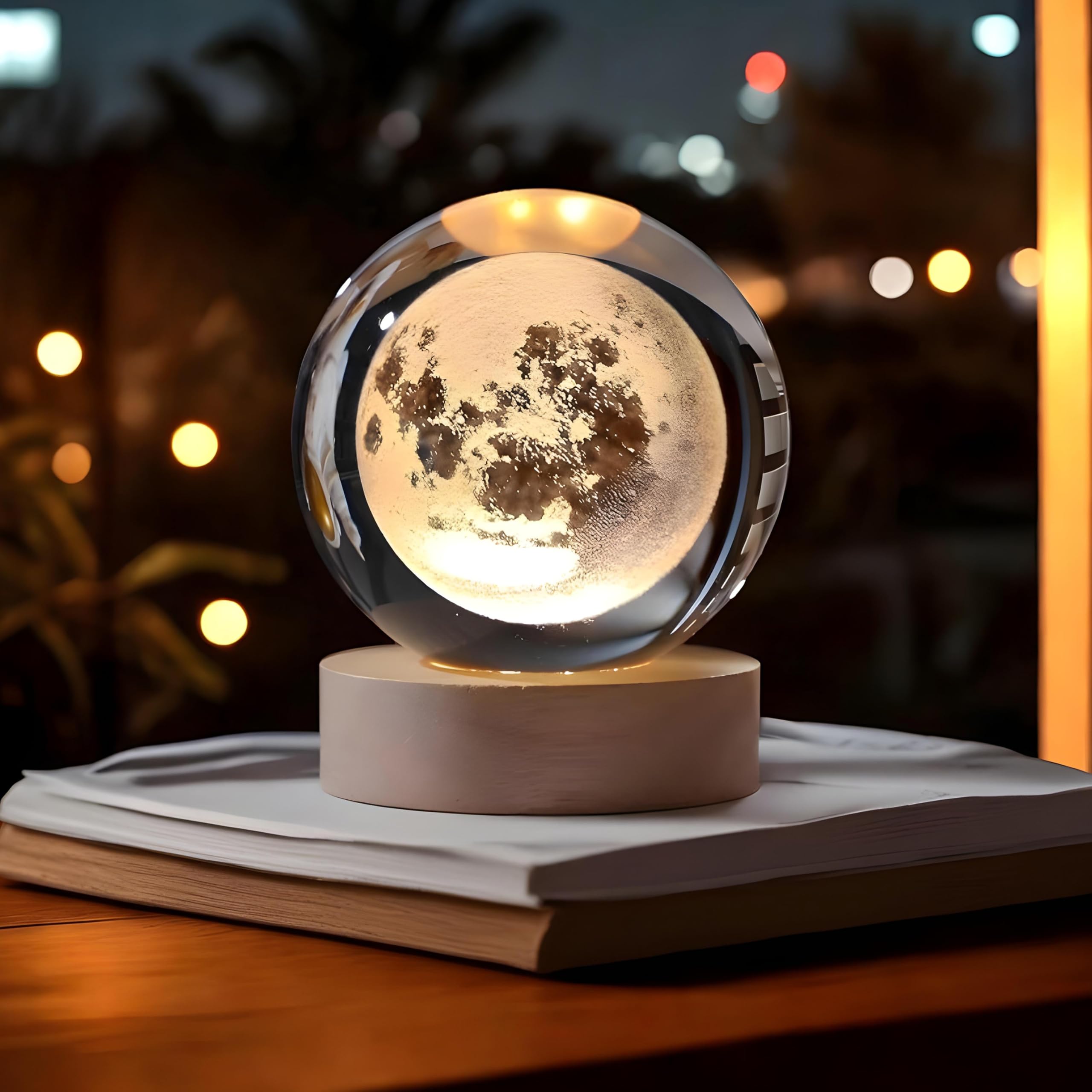 CRAE 3D Moon Ball Night Lamp, Creative Engraved Table LED Light with Woodern Base for Home Office Decoration Birthday Gift-image-15