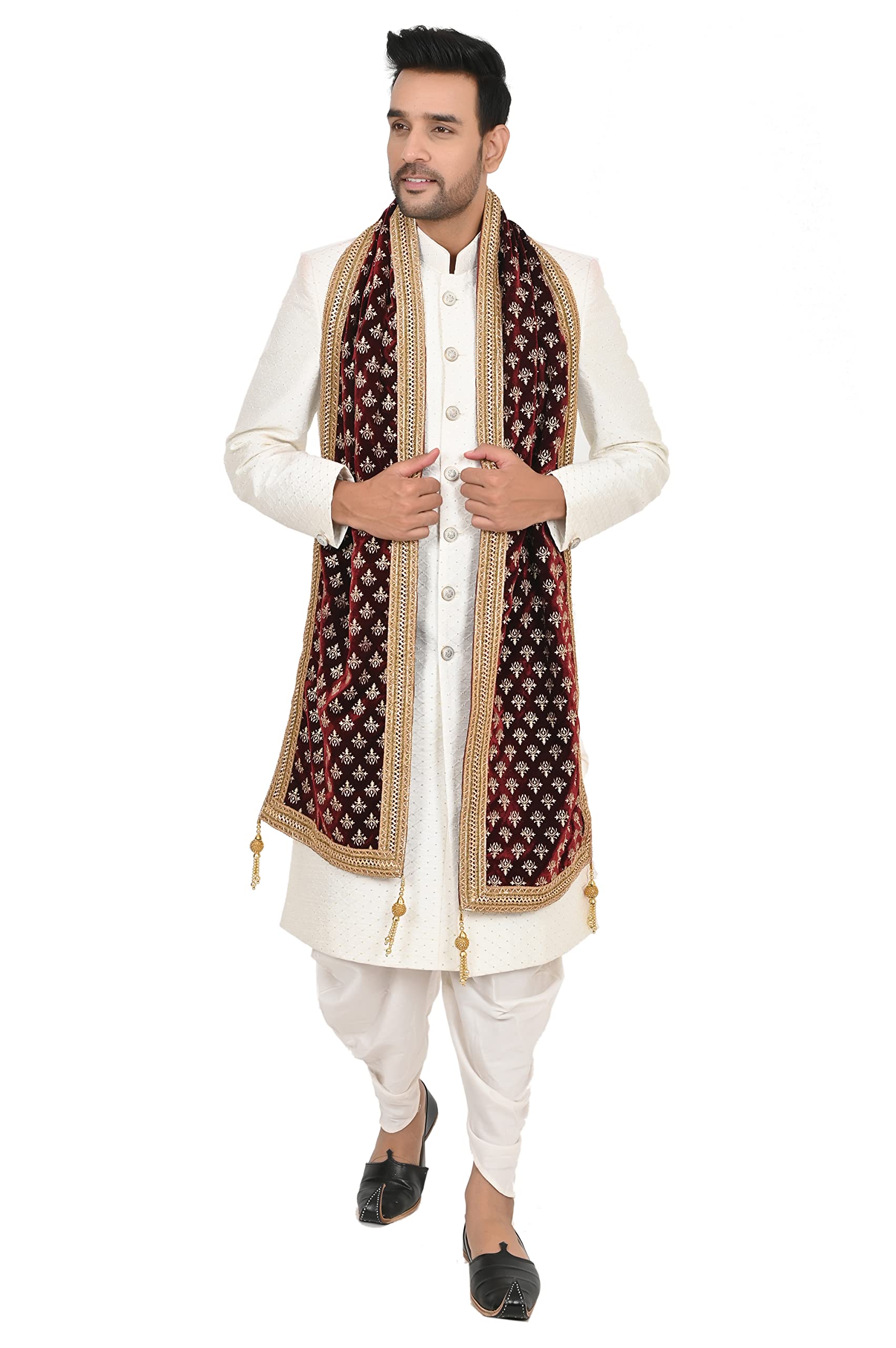 parangat Men's Velvet Gold Print Sherwani Dupatta with Tassels (Maroon,Free Size)-picture-46