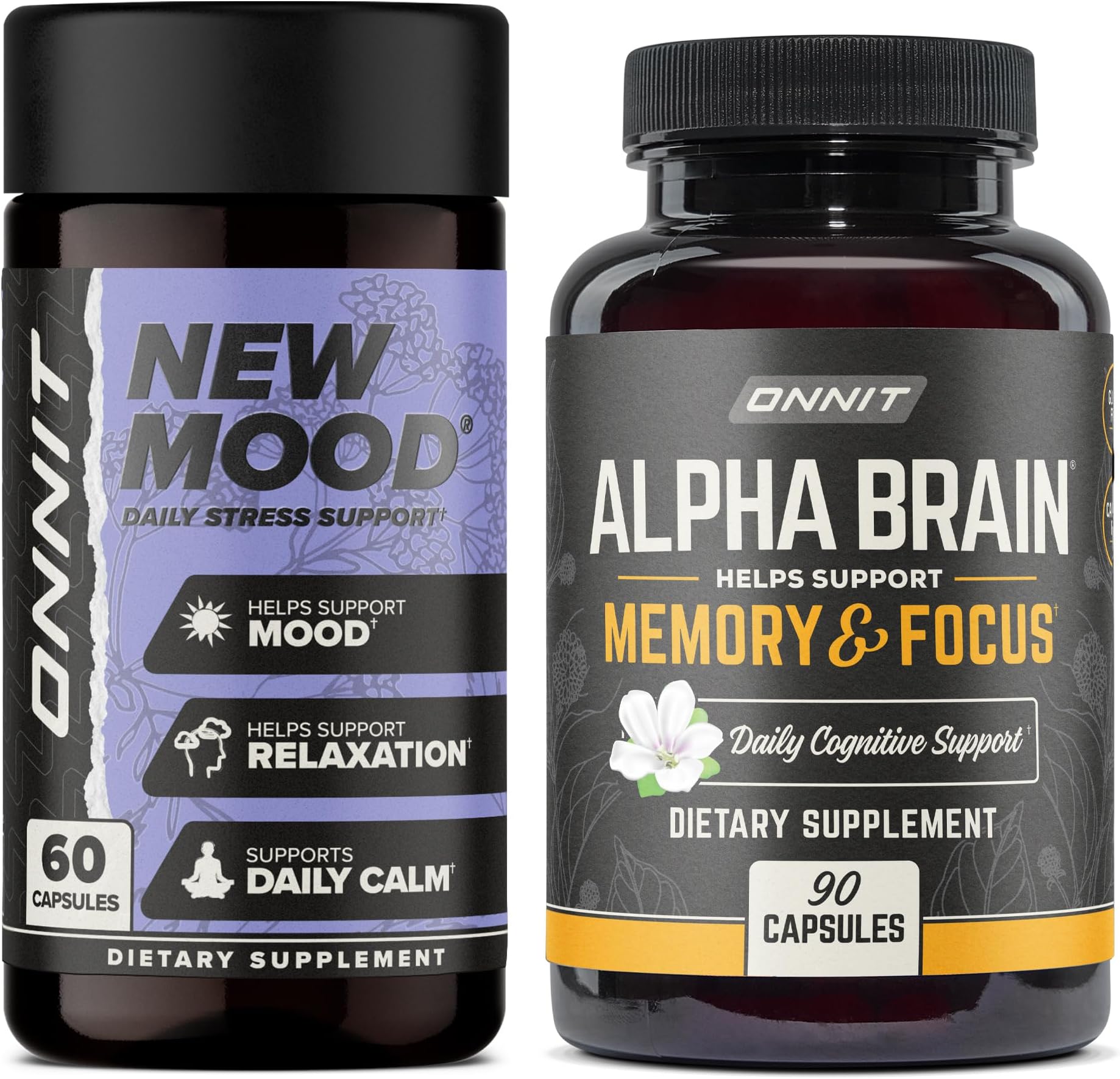 ONNIT Premium Alpha Brain Bundle - Nootropic Brain Supplement (90 Count) for Focus, Concentration & Memory + New Mood Supplement for Stress Relief, Sleep and Mood (60 Count)