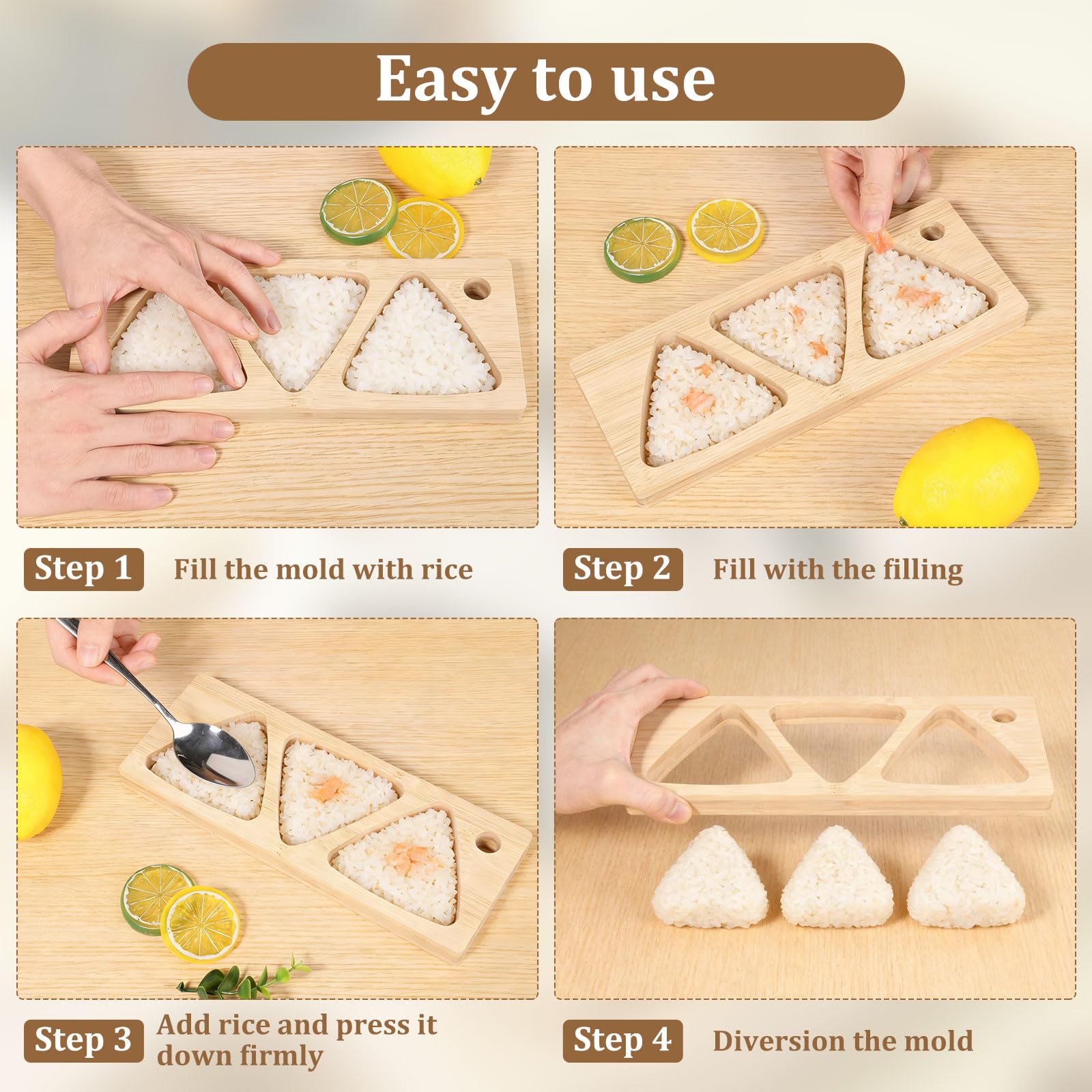 3-in-1 Bamboo Rice Ball Maker,Onigiri Mold for Making and Storing