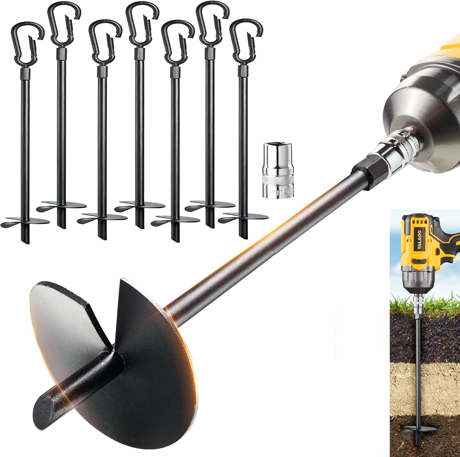 18” Ground Anchors Screw in(1000lbs), Heavy Duty Swing Set Auger Anchors Forged from High-Strength Steel, Unique Carabiner Design, Trampoline Stakes for High Winds, Tents, Trees, Canopies, Gazebos