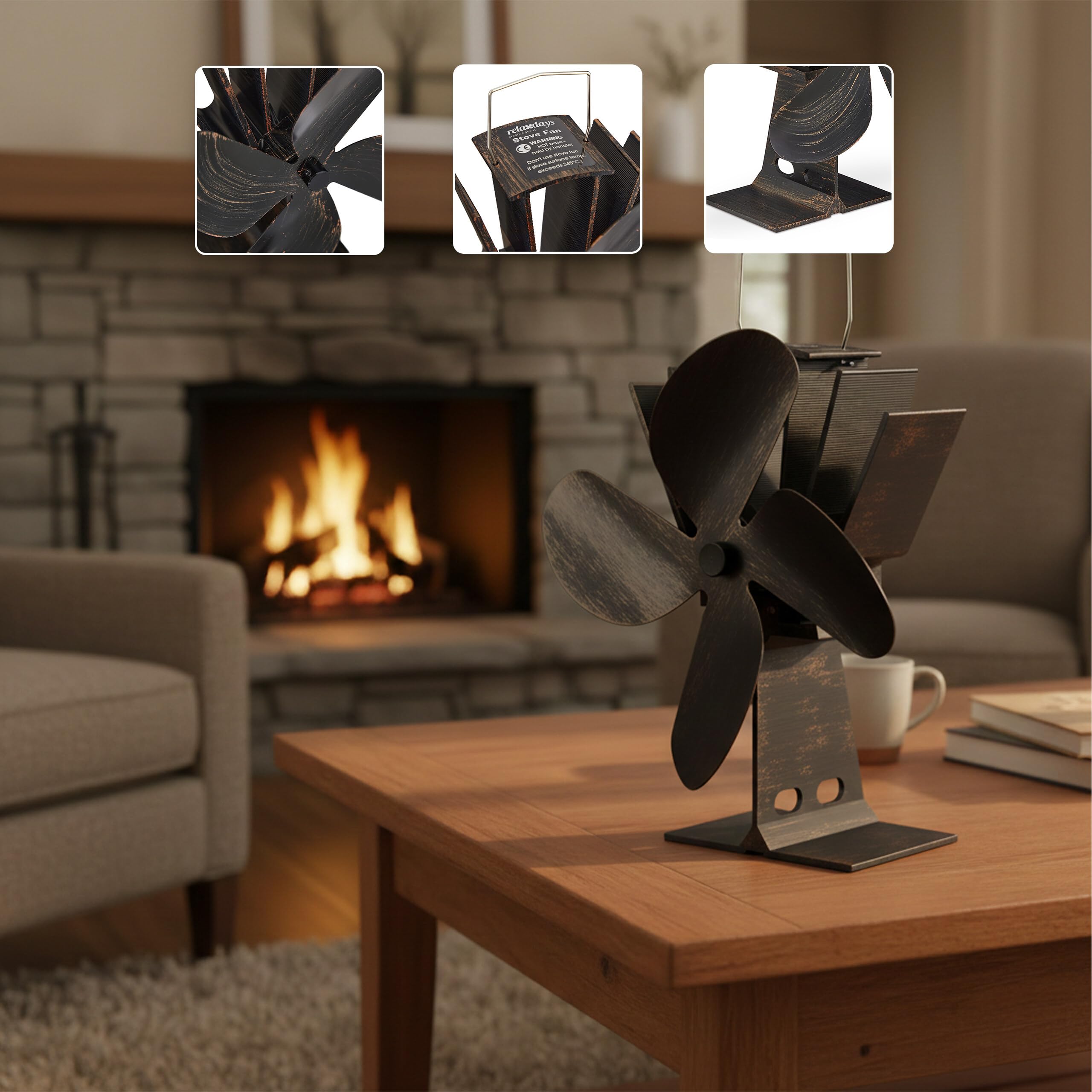 Relaxdays Ventola per Stufa Senza Elettricità, Silenzioso, Ventilatore per Camino & Forno, Accessorio con 4 Pale, Bronzo