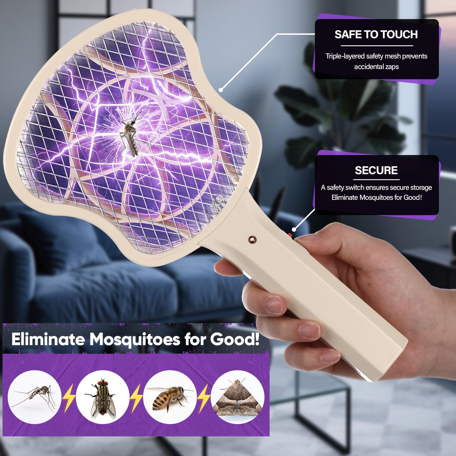 Lot de 3 tapettes à mouches électriques 3 000 V - Mini tapette à mouches portable - Zapper anti-moustiques avec 2 couches de sécurité en maille pour intérieur et extérieur - Placement de