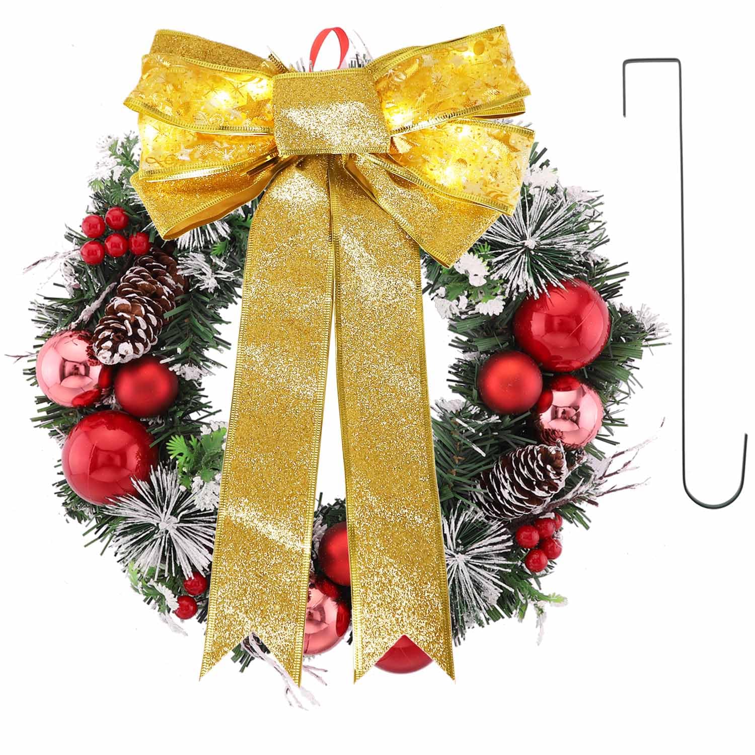 Christmas Wreath 16 Inch Artificial Christmas Door Wreath with Red Christmas Balls and Berries Gold Bowknot Lighted Christmas Wreath with Pine Cones Pine Needles for Indoor Outdoor Home Decoration