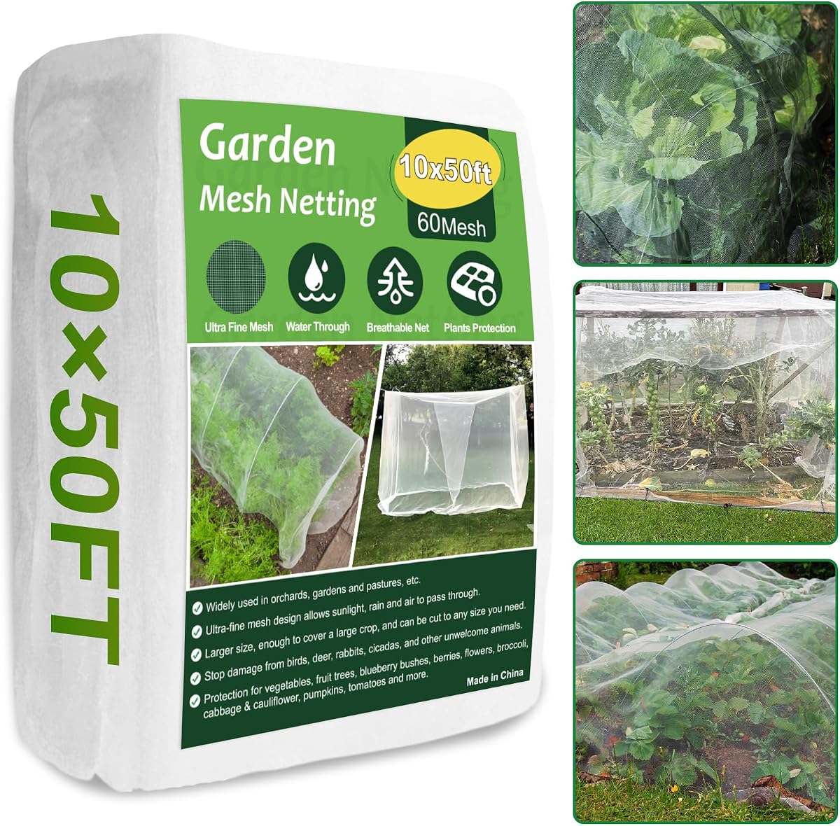 NONMON Garden Netting 10 x 50FT Ultra Fine Mesh Netting Insect Netting | Plant Covers Bird Mosquito Netting Pest Barrier Protection for Raised Beds Vegetables Fruits Flowers Crops Blueberry Shrubs