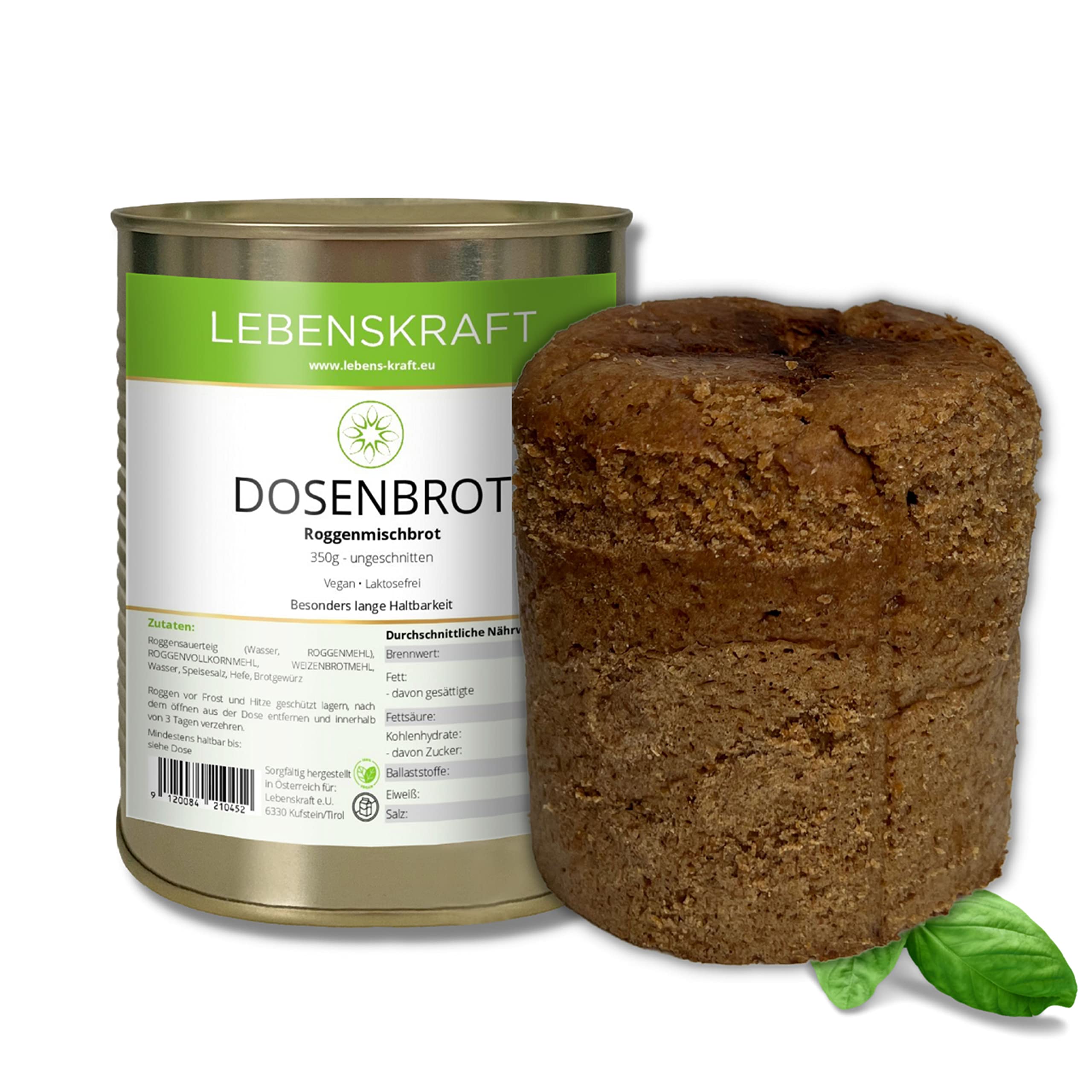 Lebenskraft Dosenbrot, Roggenvollkornbrot, 12x 350g Dose, lang haltbar, ohne Weizenmehl, vegan, laktosefrei
