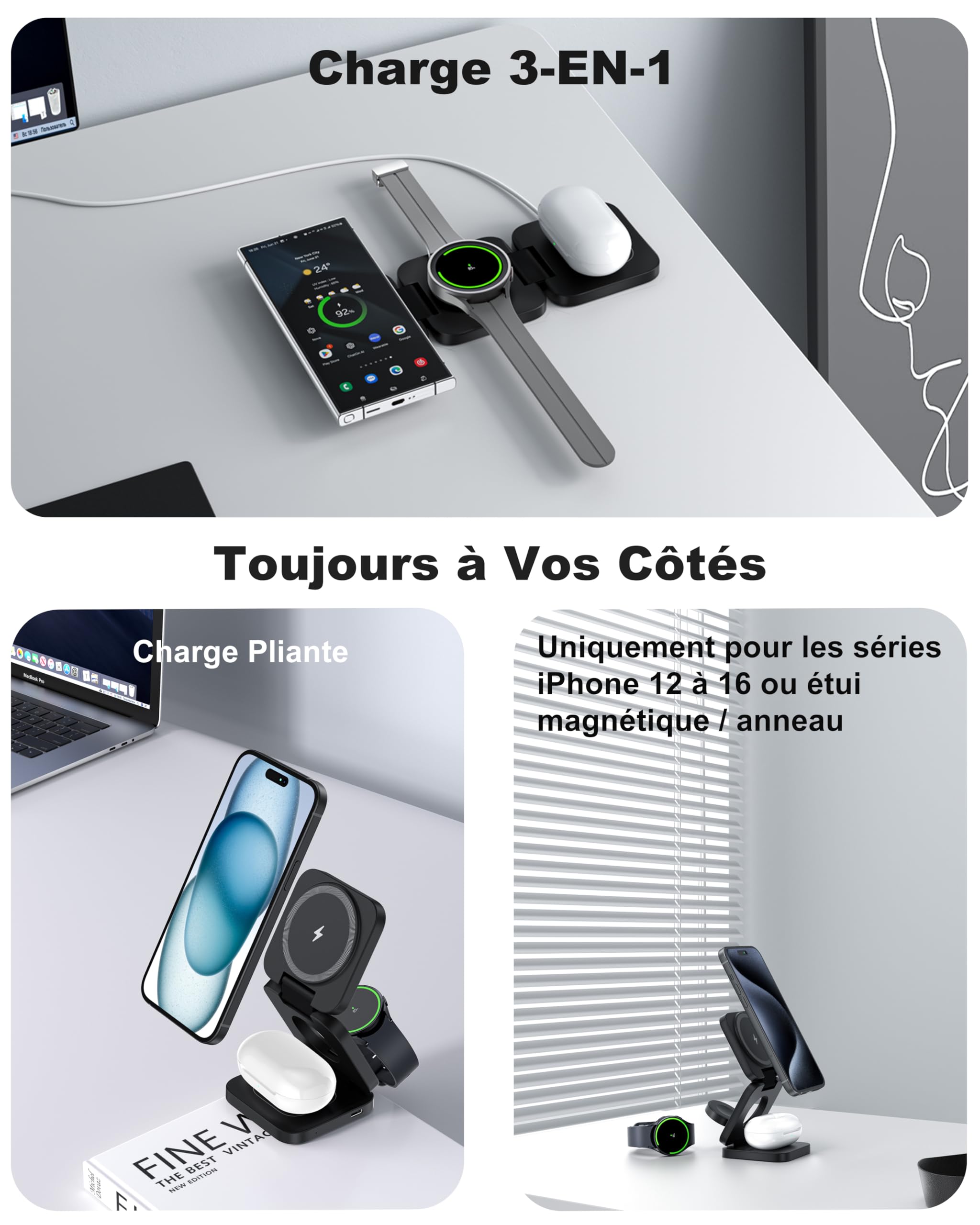 KU XIU Chargeur Induction pour Samsung, Magnétique Pliable Chargeur sans Fil pour Galaxy S25 Ultra S24 S23 S22 Note Z Fold Flip, Chargeur 3 en 1 pour Galaxy Watch Ultra 7 6 5 4, pour Galaxy Buds