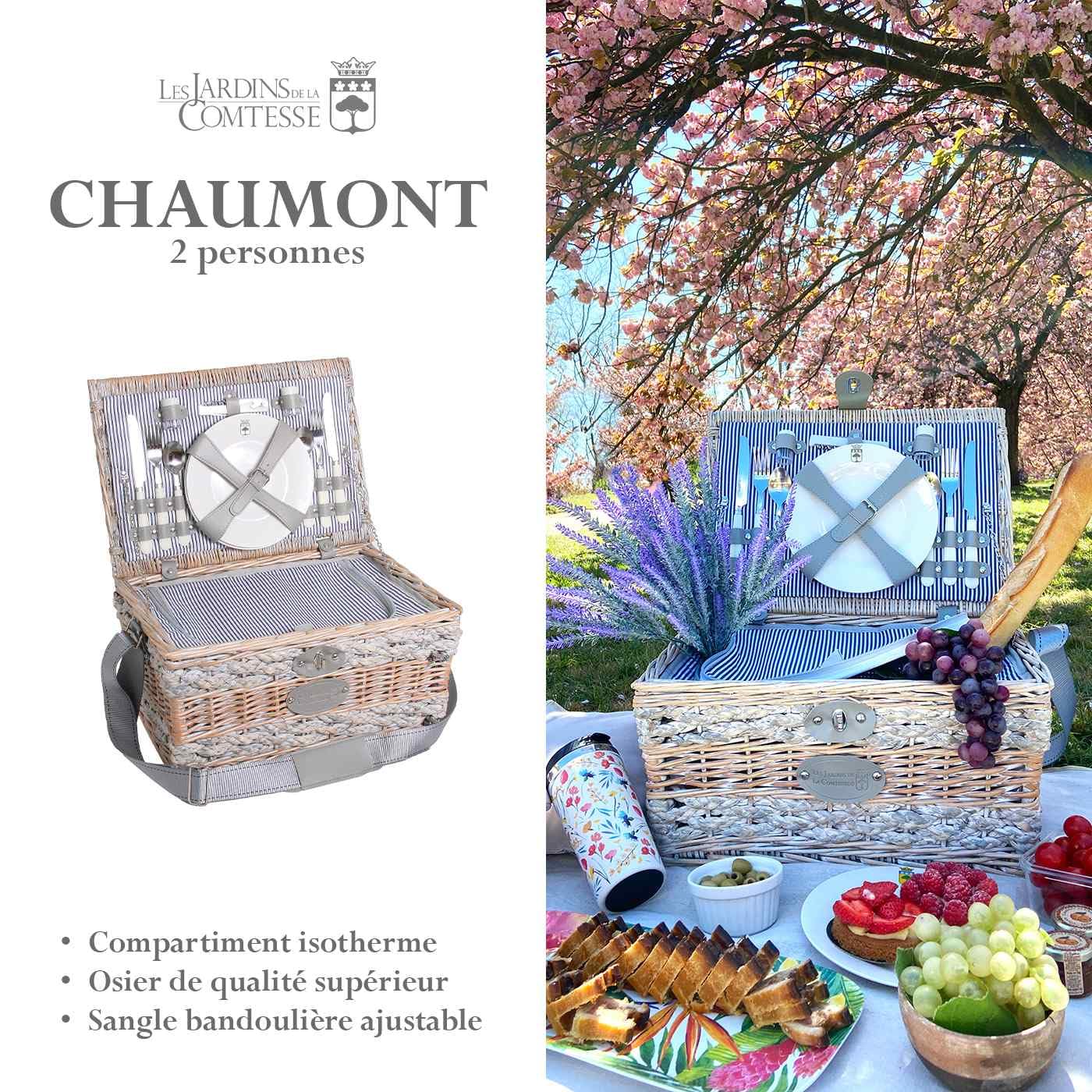 Les Jardins De La Comtesse - Panier de Pique-Nique Chaumont - 2 Personnes – Beau Panier Picnic Vendu Complet - Compartiment Isotherme - Tissu Rayures Bleues/Blanches - 43 x 30 x 23 cm