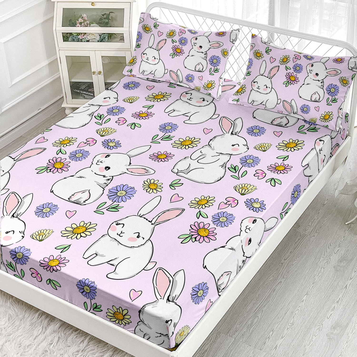 AILONEN Rabbit Fitted Sheet Set Twin Size, Kawaii Bunny Bed Sheet Set,Kids Girls Floral Rabbit Sheets Set,Cute Rabbit Pink Bed Sheet Set 3 Pieces, 1 Fitted Sheet and 2 Pillowcases