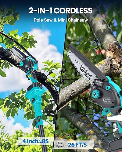 Miniatura 2 de Sierra de poste inalámbrica y mini motosierra de 6 pulgadas 2 en 1, 2 baterías recargables de 4000 mAh para podadora eléctrica de árboles, sierras