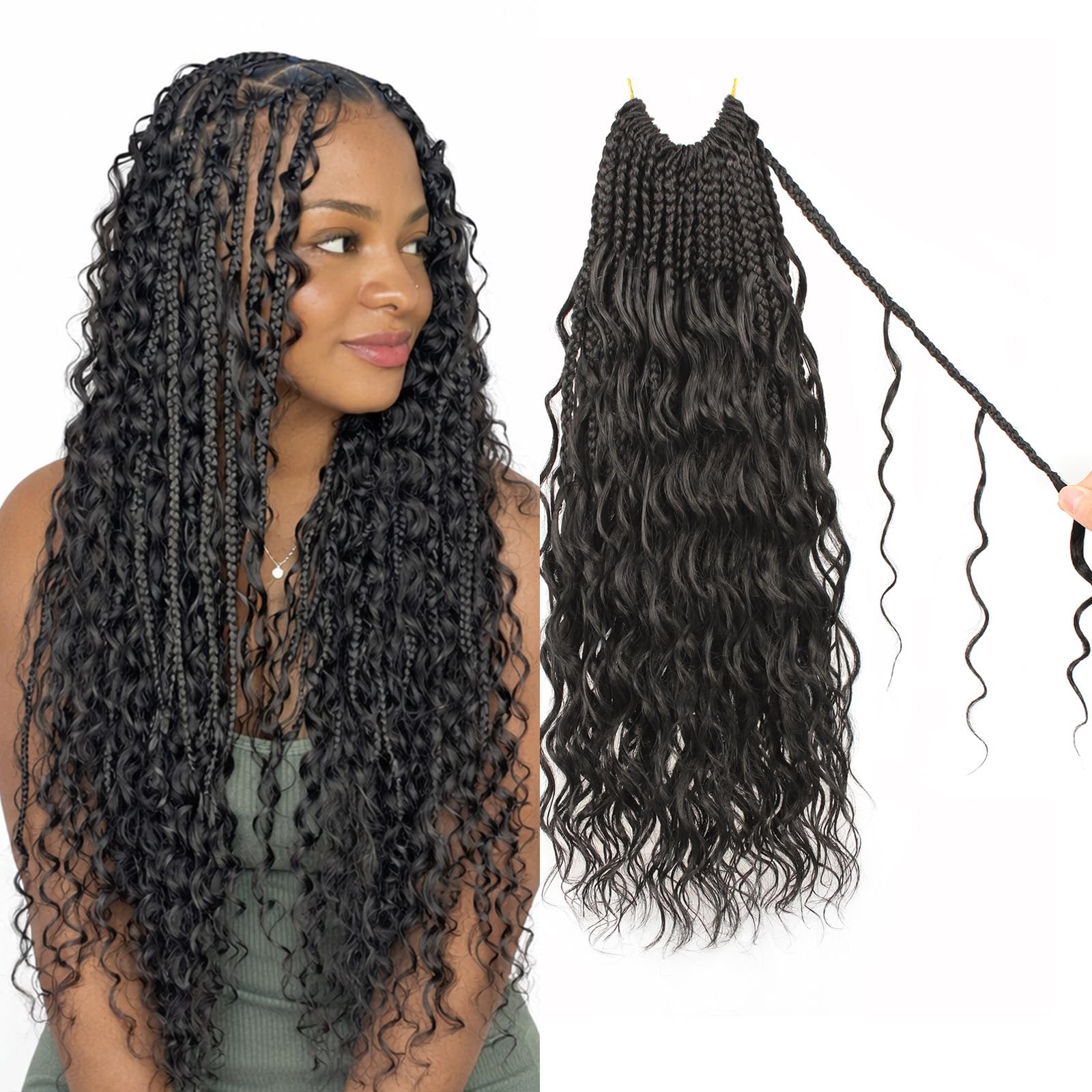 Enbeautiful Boho Box Braids Crochet Hair 18 Inch Pure Protein Fiber Goddess Box Braids Close to Human Hair 8 Packs Pre-Looped Bohemian Braiding with Curly Hair Extensions for Women(18 Inch,1B)
