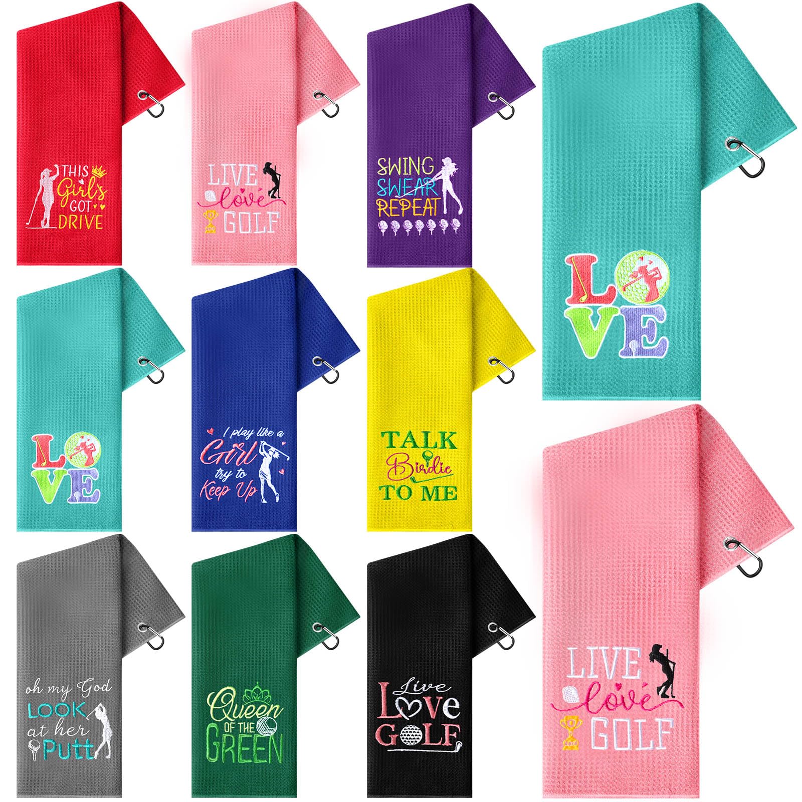 Fanfanwin 9 Pcs Golf Towel Bulk 24 x 16 Inches Microfiber Waffle Towel with Clip Tri Fold Portable Rag Accessories for Golf Bag Mini Tournament Club