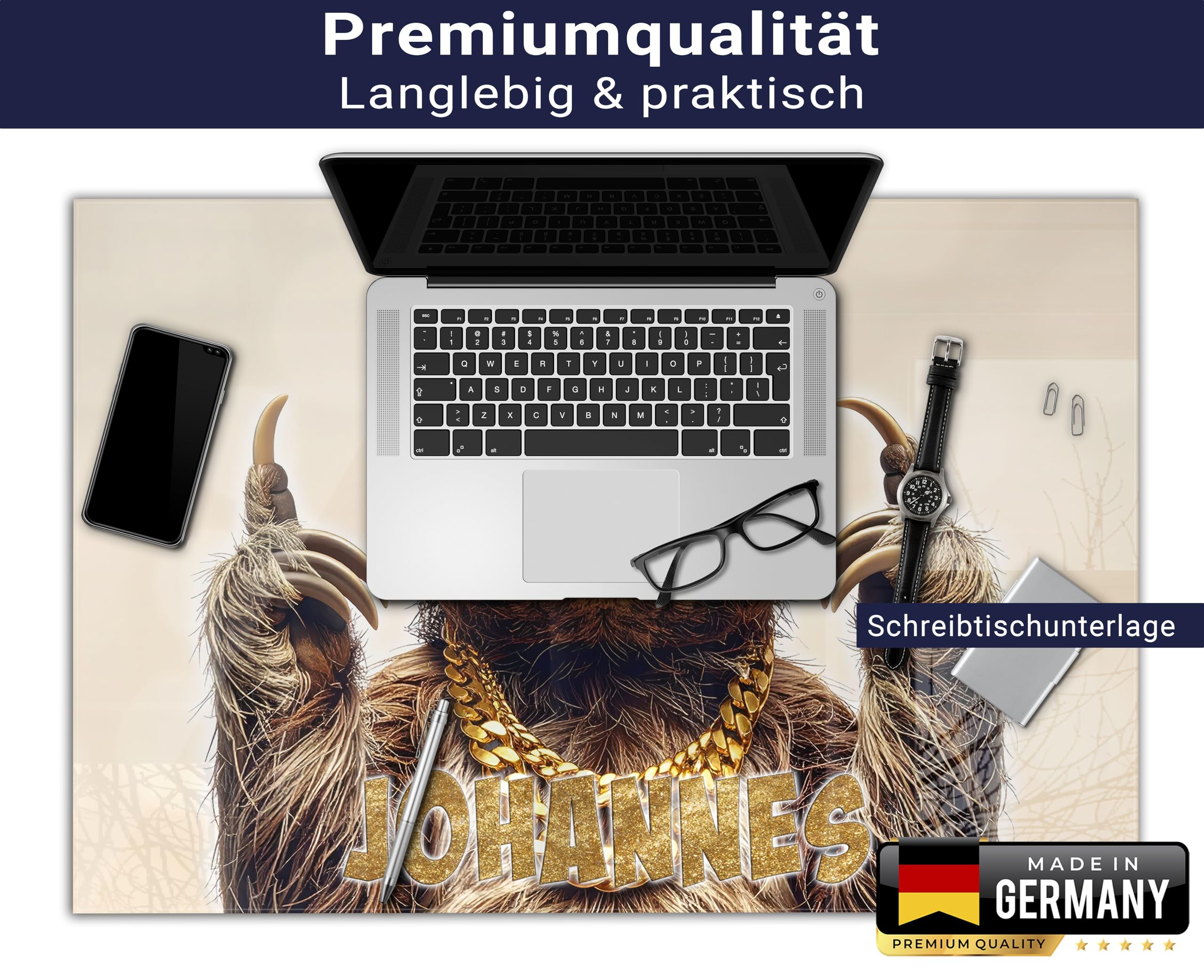 Schreibtischunterlage personalisiert mit Namen | 120 x 60 cm XXL Faultier | wasserfeste Schreibunterlage, abwischbar, glatt | stabiles, hochwertiges Acrylglas, Kinder Kunststoff lustig Motiv Tiere