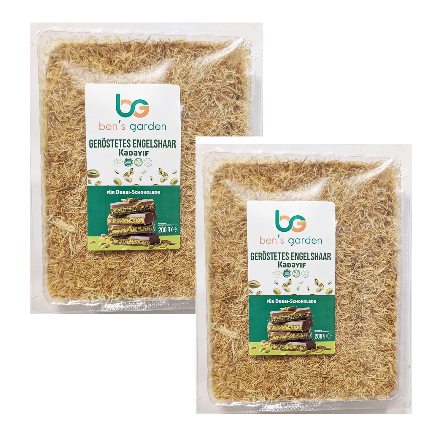 Knuspriger, gerösteter Kadayif 2x200g - Engelshaar (Teigfäden) von Ben's Garden - Ideal für Dubai Style Schokolade,als Topping von Müsli & Joghurt -Ohne Zusatzstoffe -Ohne Transfette -100% natürlich
