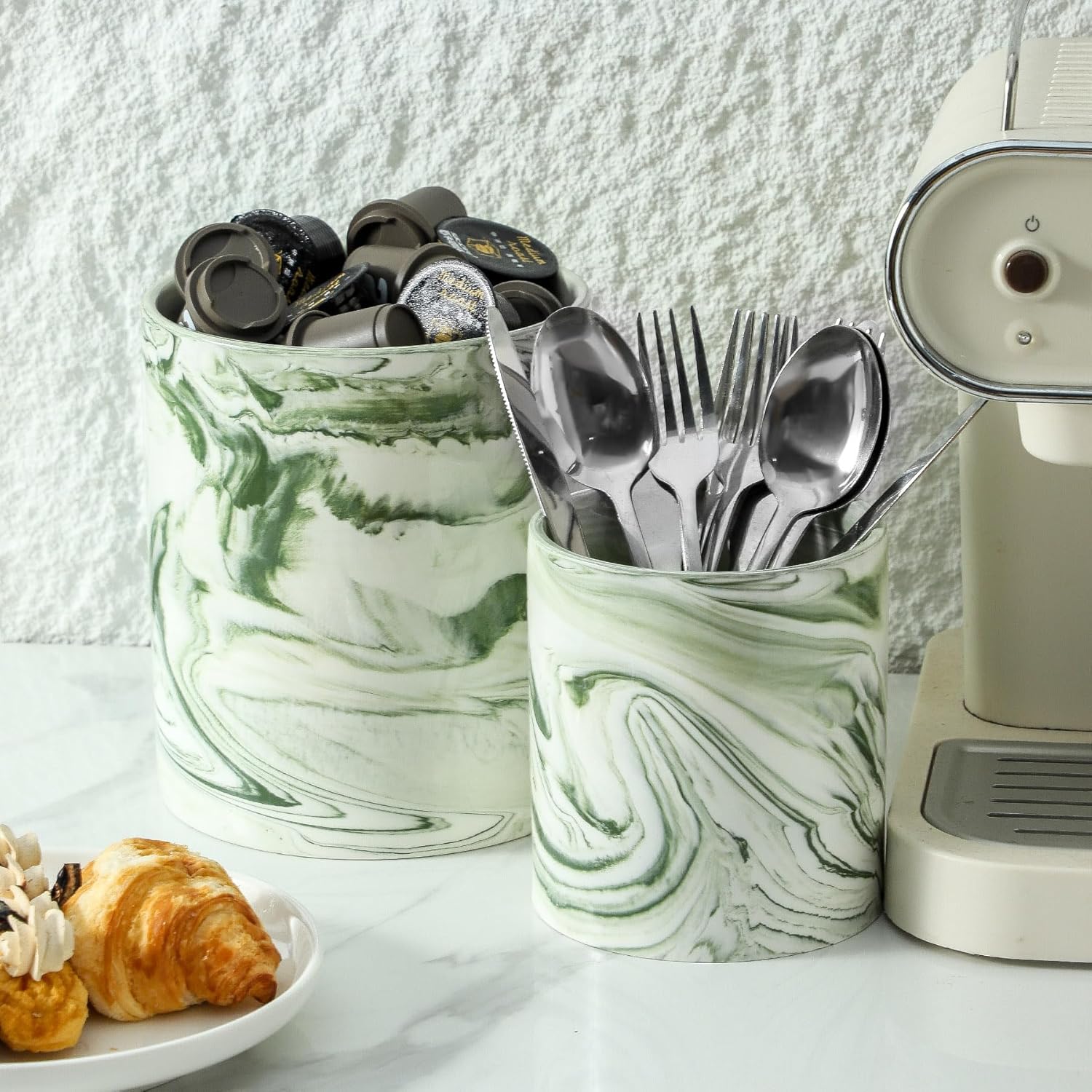7"+5.3" Farmhouse Marble Utensil Holder, Large Kitchen Utensil Cooking Tools Holder Organizer , Marble Green Stable Utensil Crock Spatula Holder for Kitchen Countertop