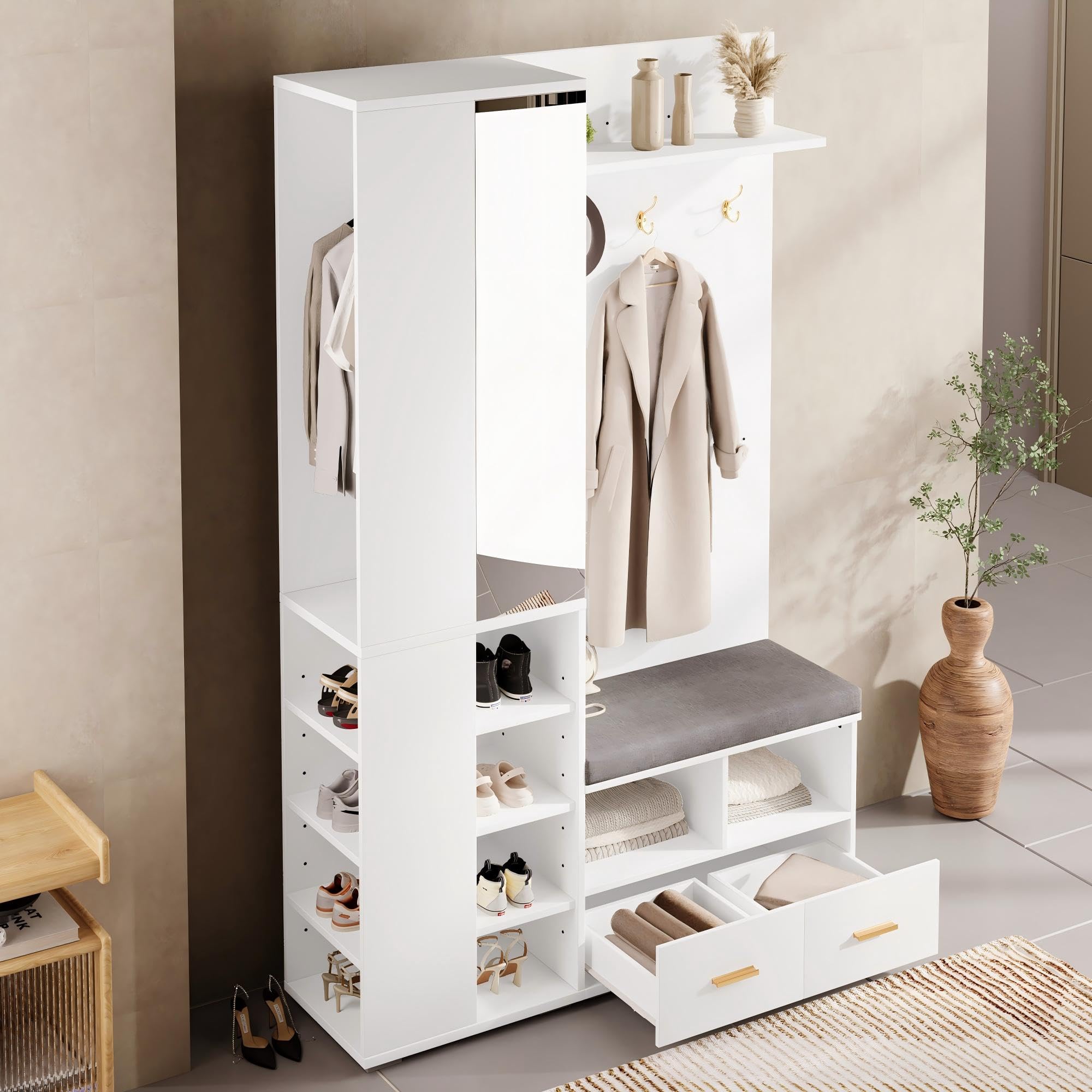 Juego de Perchero Pared con Espejo y 2 Cajones, Mueble Recibidor con Barra de Ropa y Estante Abierto, Conjunto de Perchero Entrada Recibidor, Banco y Dispositivo Antivuelco, 120x35x190 cm,Blanco