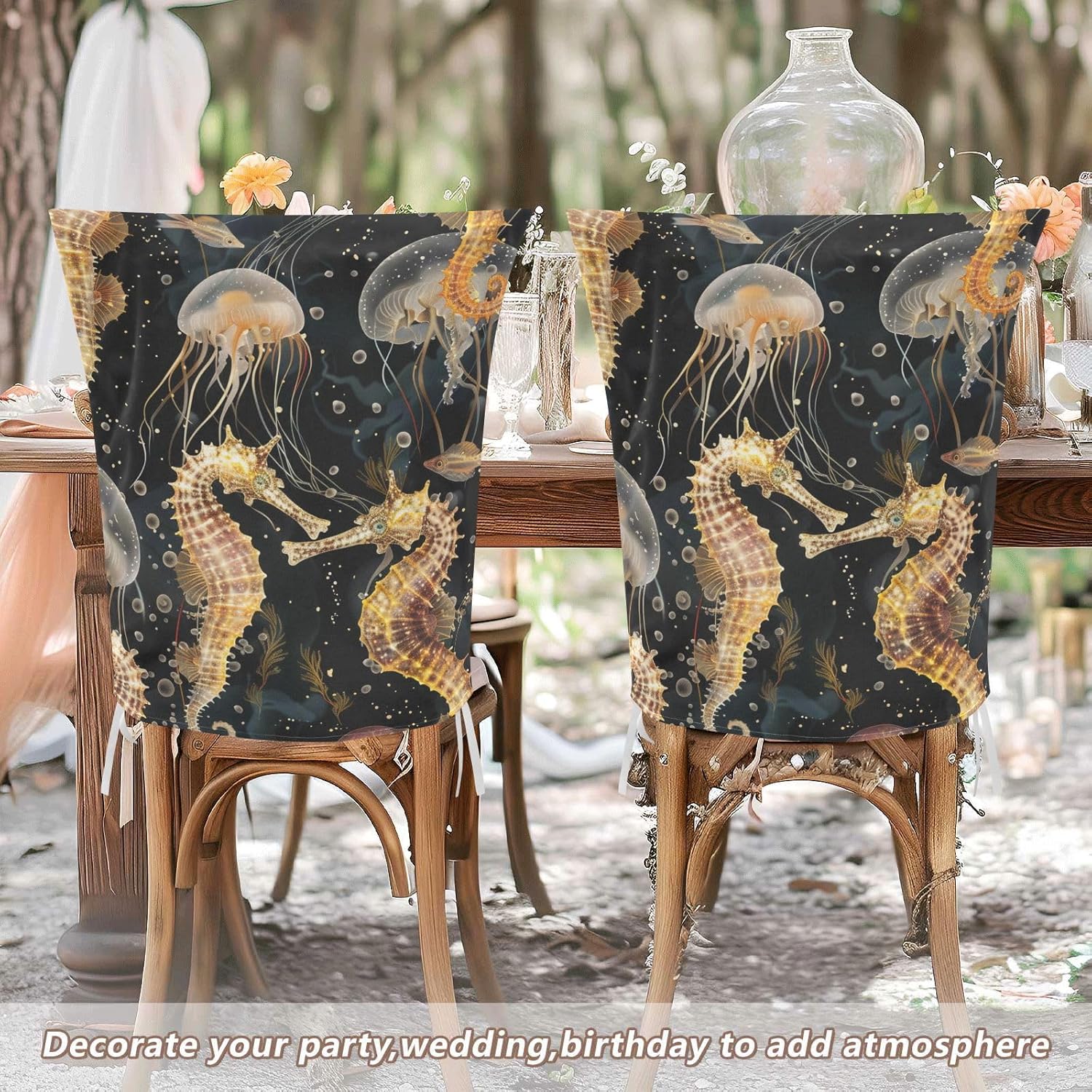 ALAZA Seahorse Jellyfish Chair Back Cover Set of 6, Washable Reusable Removable Chair Slipcovers Decorative Chair Cover for Home Kitchen Wedding Party