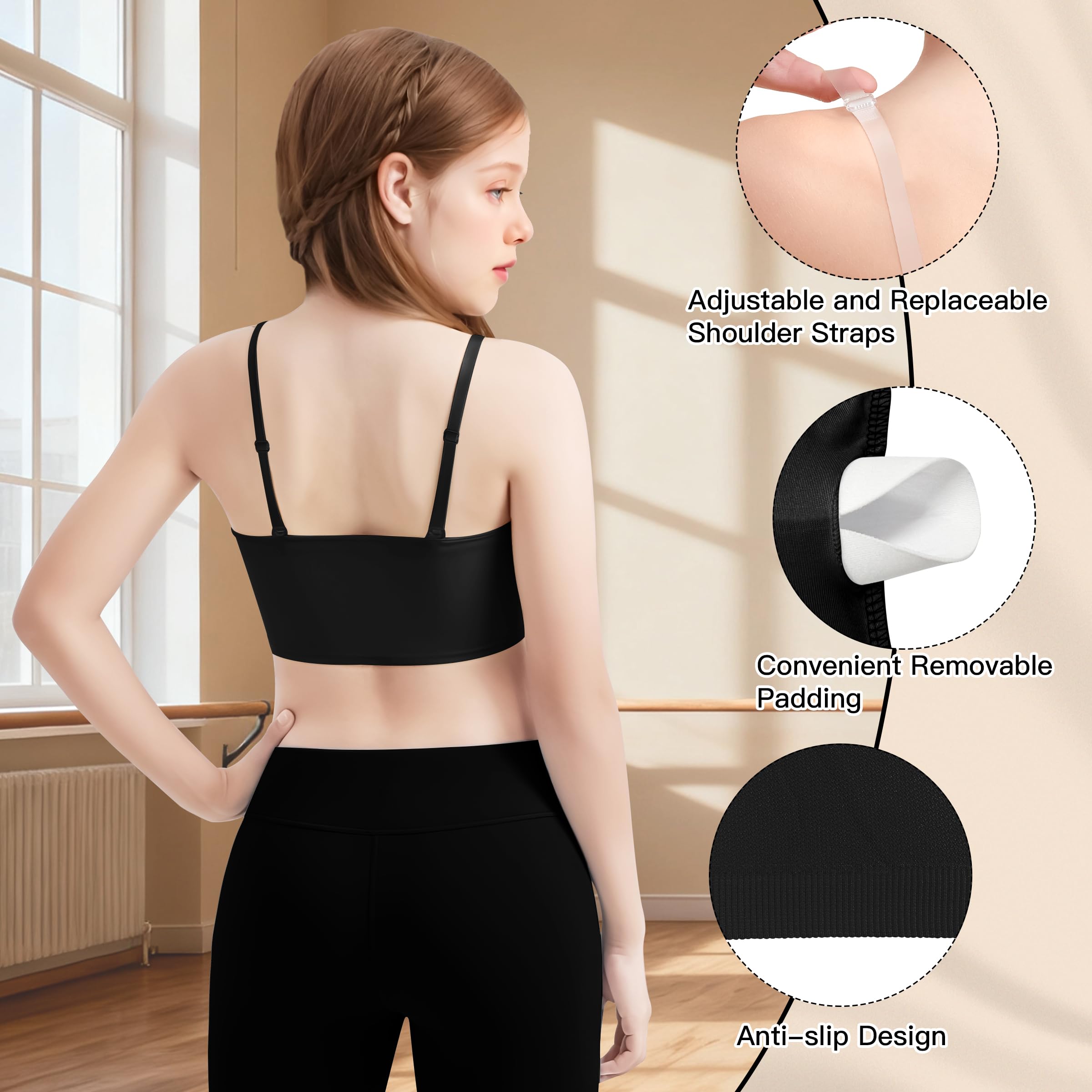 DANSHOW Soutien-gorge d'entraînement sans couture pour adolescentes, 2 paires de bretelles transparentes réglables, rembourrage amovible