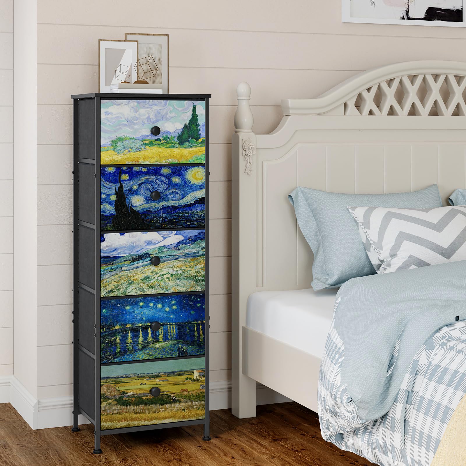 Cassettiera con cassetti in tessuto, stile Van-Gogh, sottile, per camera da letto, armadio, corridoio, soggiorno, cameretta (5 cassetti)