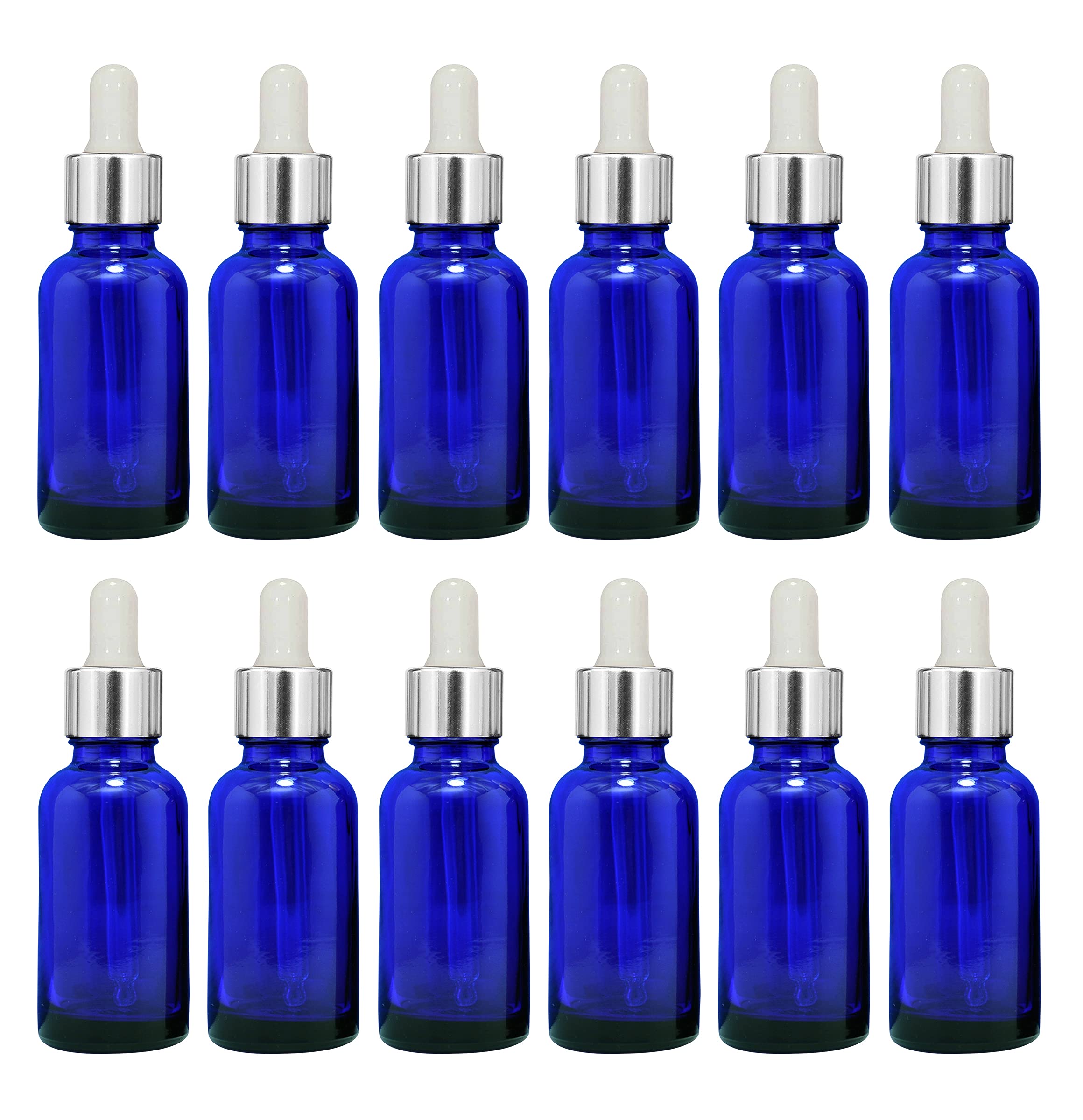 30 ML Blue Round Empty Glass Bottle + Glass Dropper + Silver Ring + White Silicone Teat, Refillable, Reusable, Leak Proof for Essential Oils, Blends, DIY Perfumes (Pack of 12)-image-47