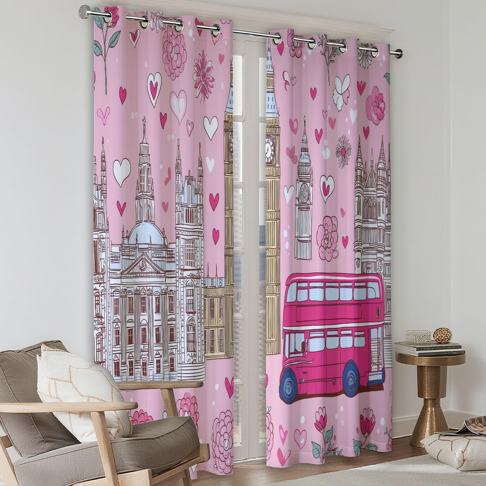 Caricatura Cortinas de Ventana 140 x 260 cm (2 Paneles), Opacas Térmicas Aislantes del Frío y del Calor Edificios Urbanos Rosas Autobús Flores para Dormitorio o Sala de Estar Decoración de Habitación